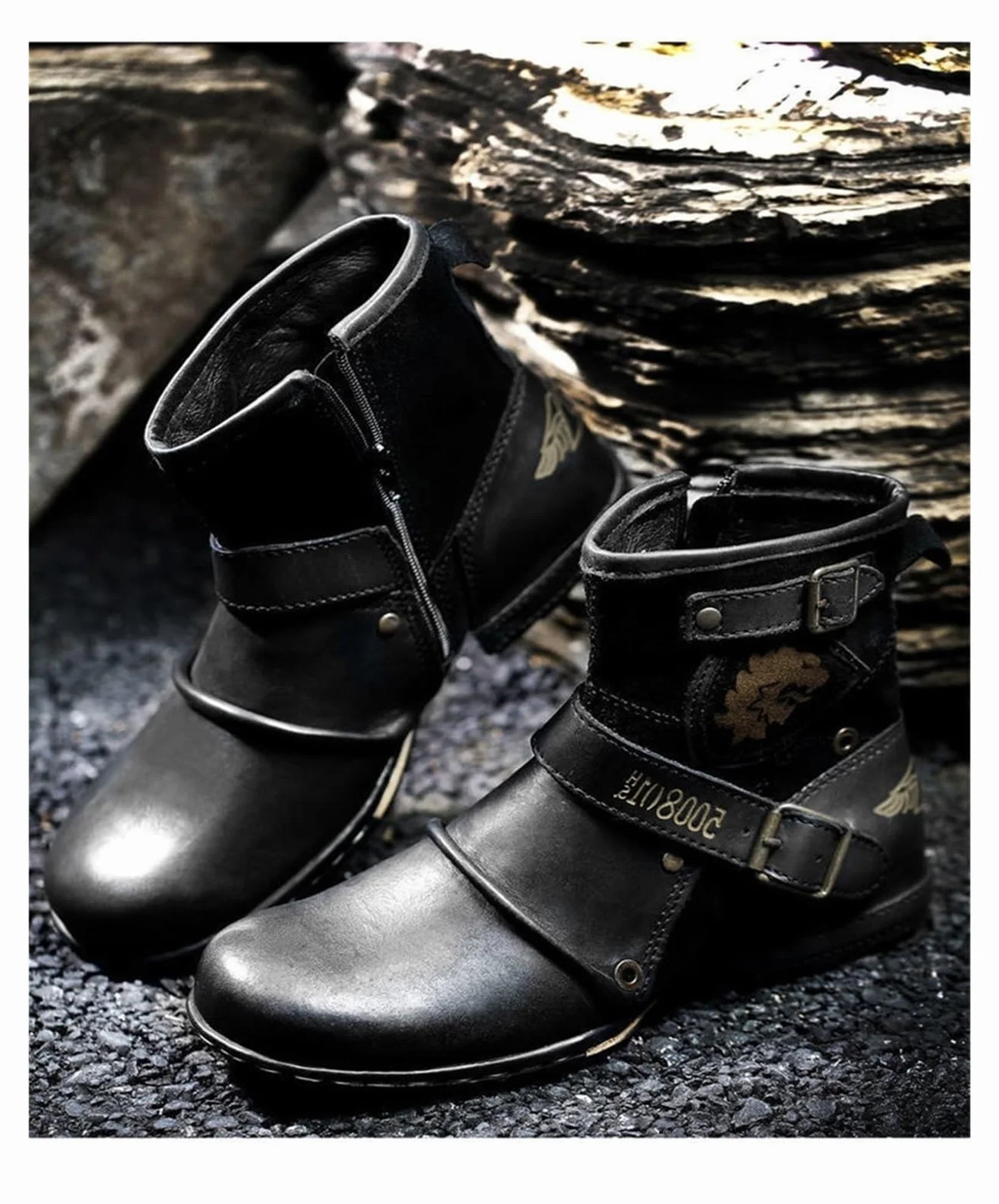 Buty Moto dla mężczyzn botki modne zapinane na zamek skórzane buty buty na co dzień wodoodporne buty motocyklowe zachodnie buty plus size (czarne, EU 43)