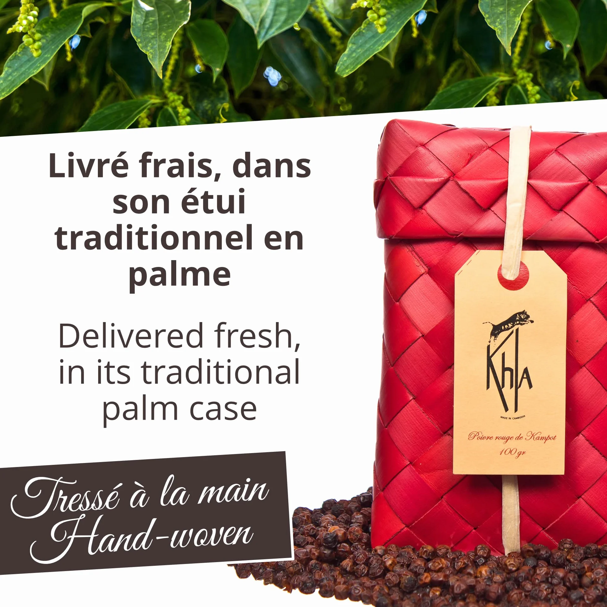 KHLA - Czerwony pieprz kampot Premium GGA - 100 g - ziarna pieprzu w woreczku - z uprawy ekologicznej - tradycyjne opakowanie w liściach palmowych