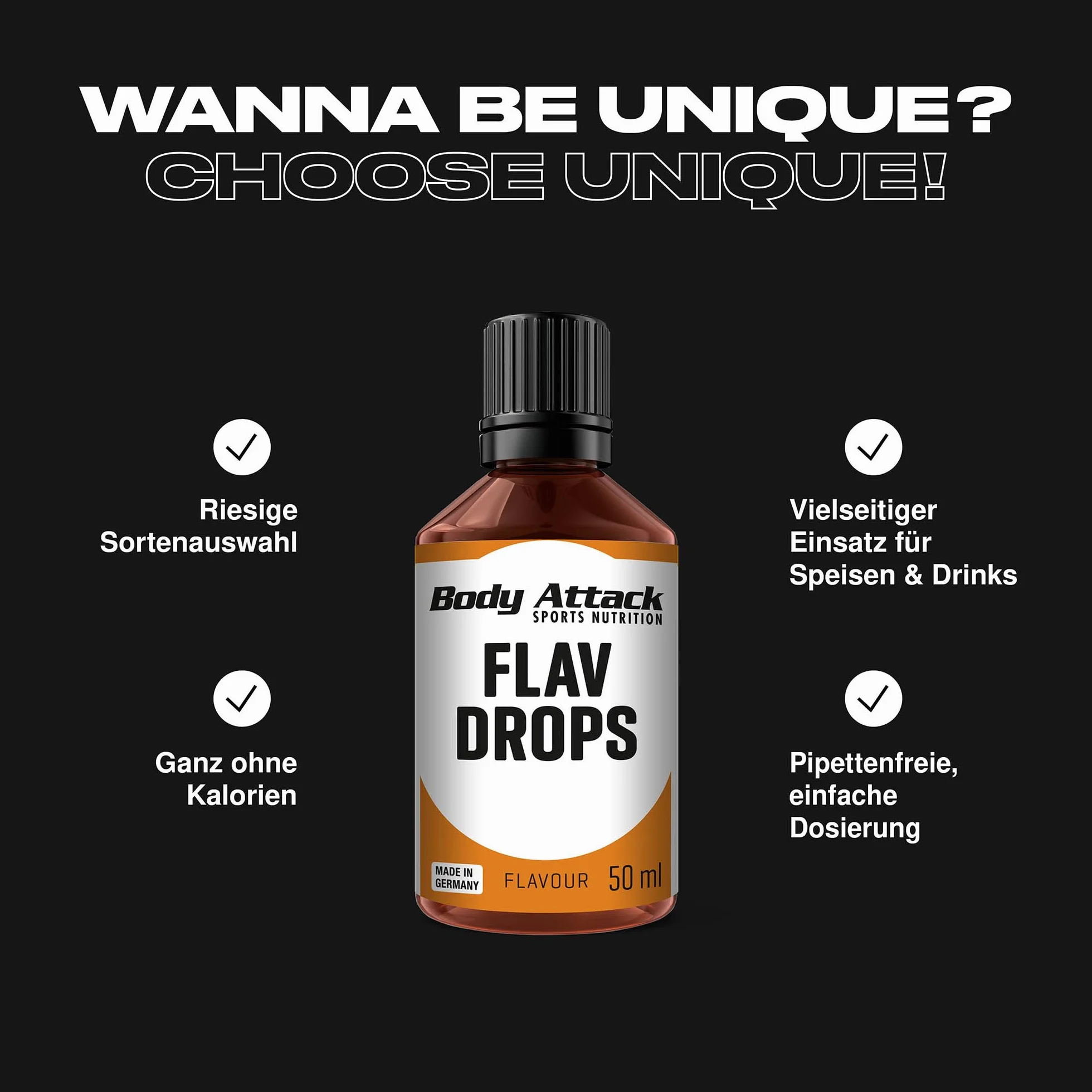 Body Attack Flav Drops®, 50 ml, Cookies'n Cream, krople aromatyczne do żywności, bez cukru, bez kalorii, wegańskie i wysokiej jakości, Made in Germany