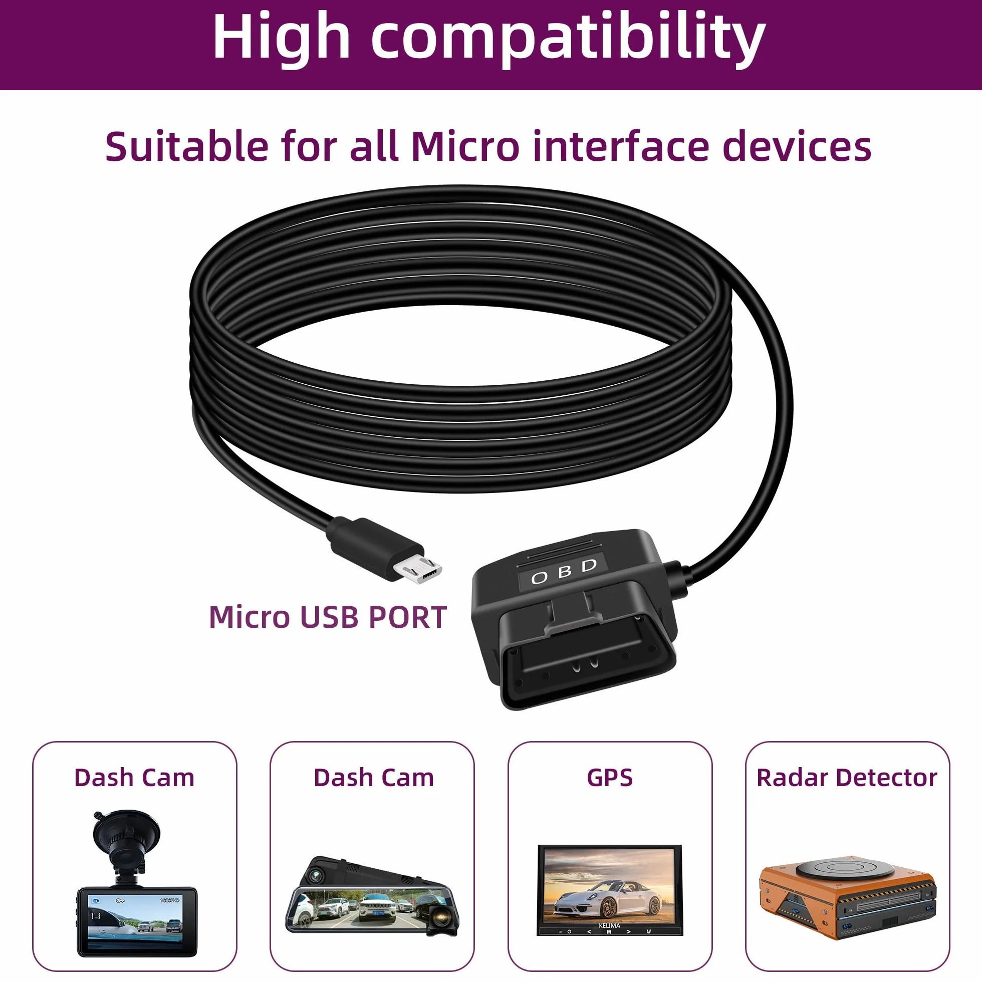 Kabel zasilający OBD do kamery na desce rozdzielczej, adapter przewodowy micro USB na OBD-II ze złączem przycisku przełącznika tryb monitora/tryb ACC (11,5 stóp/3,5 m)