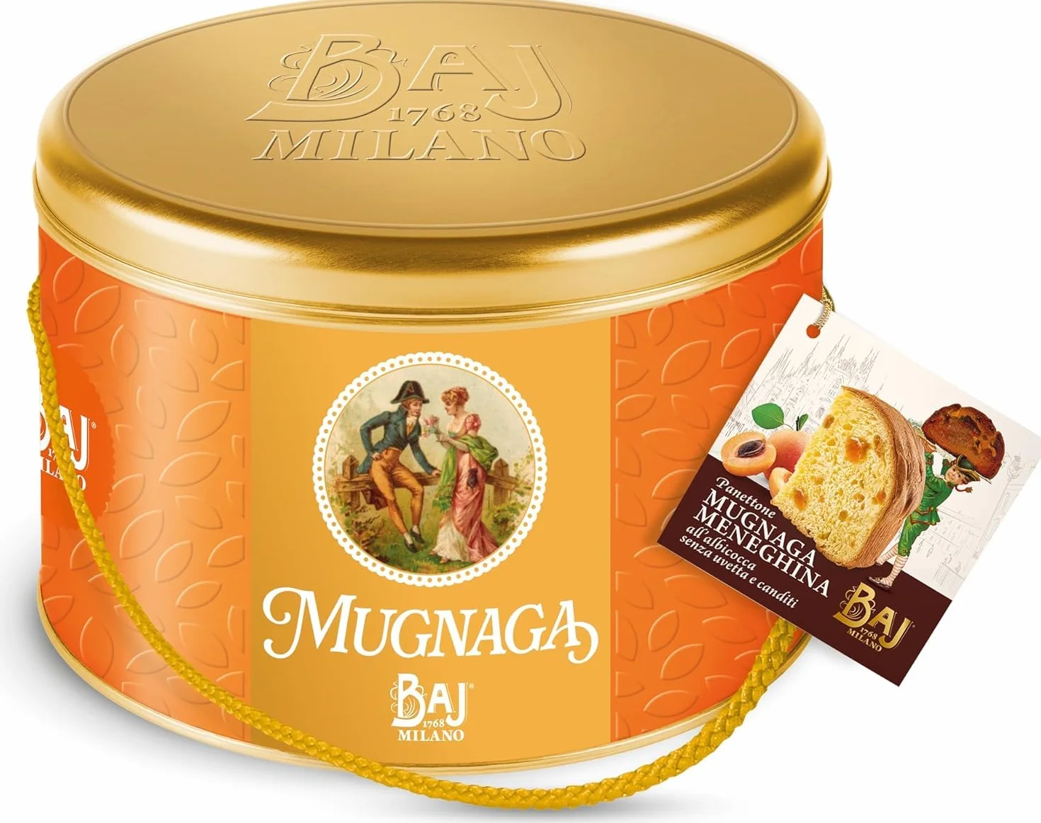BAJ MILANO 1768 - Panettone Mugnaga Meneghina (Albicocca Milanese) - W blaszanym pudełku z historycznymi obrazami i wytłoczoną pokrywką - z historyczną broszurą