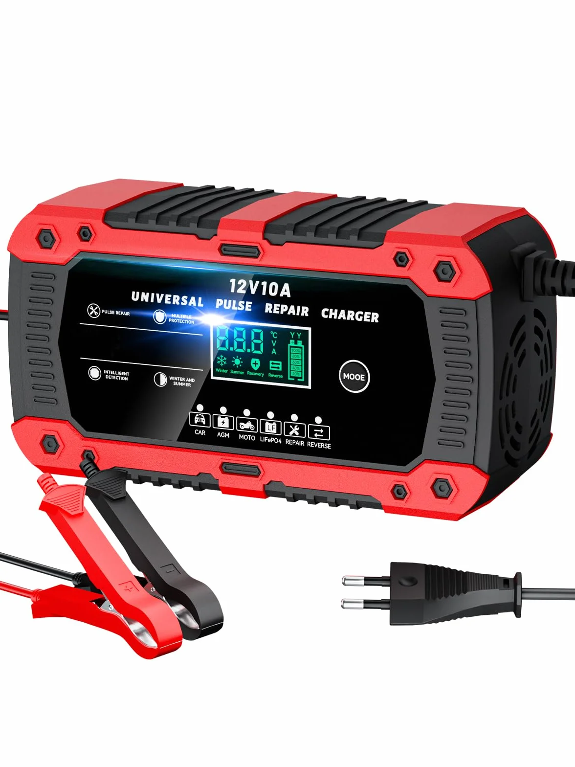 Ładowarka Akumulatorowa 12V 10A LiFePO4, Inteligentna Prostownik Samochodowy do Auta i Motocykla z Trybem Naprawy, Wyświetlacz LCD, do AGM GEL SLA WET LiFePO4