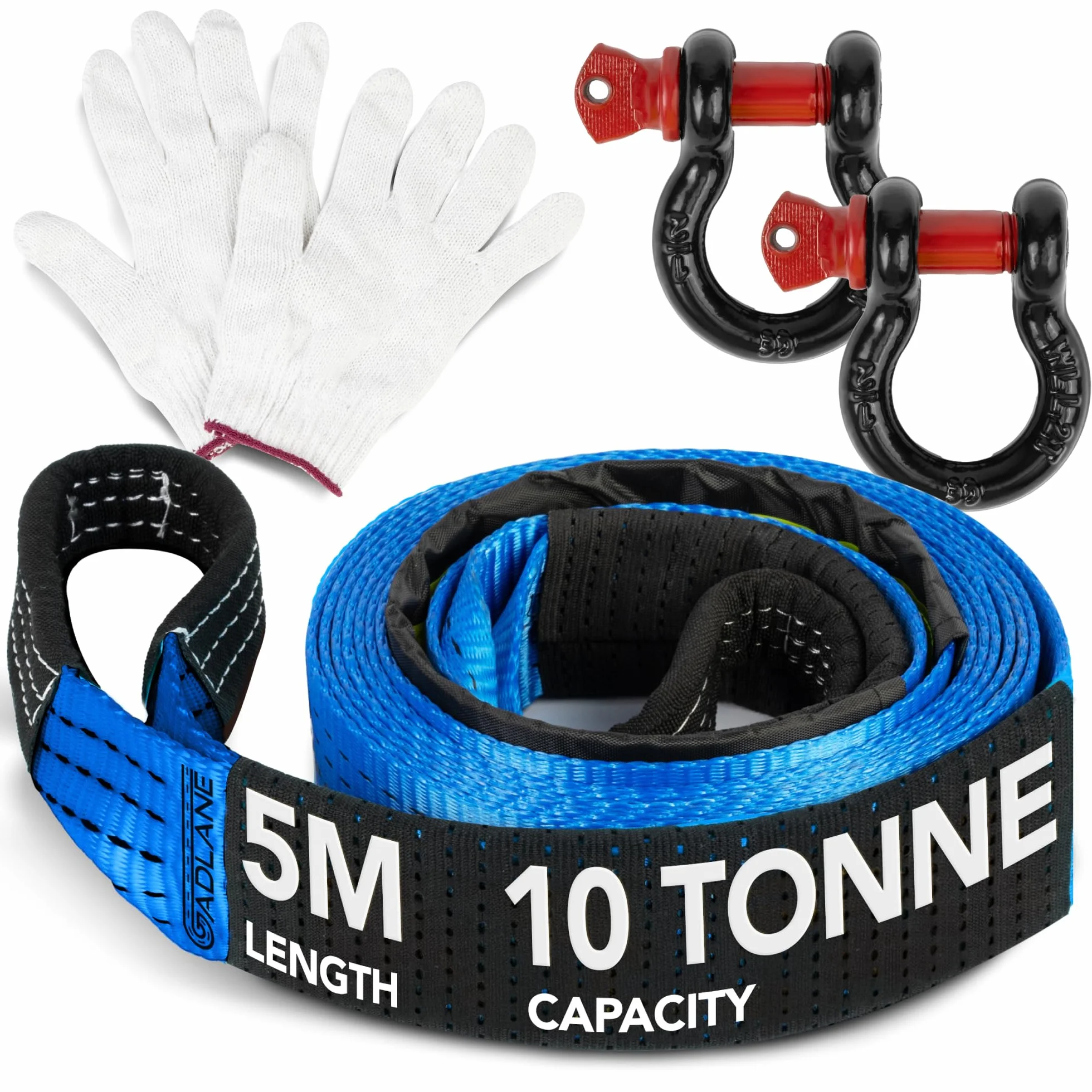 GADLANE Hi Vis Lina Holownicza - 5m x 5cm Gruba, pojemność 10 ton (22,000 funtów), odporna na zużycie poliester z wzmocnionymi końcówkami, pokryta UV lina holownicza, wysokiej jakości okucia na D-ring