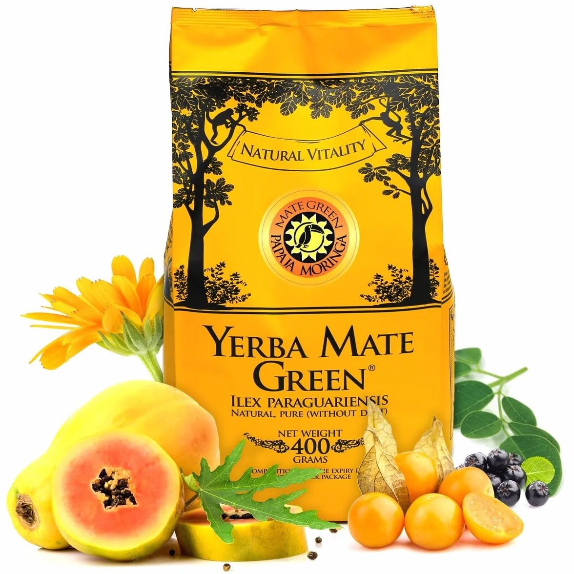 Yerba Mate Green "Papaya Moringa" brazylijska, owocowa herbata mate, 400 g, dojrzała, suszona na powietrzu, bez dymu, bez plastiku, sprawiedlista, herbata Yerba Mate z owocami