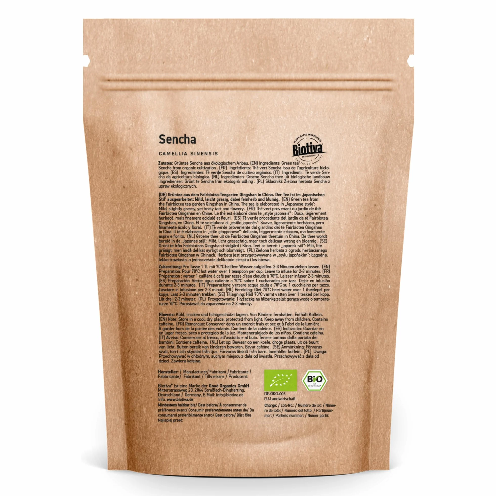 Zielona herbata Sencha Extra Fine Bio 250 g – opakowanie ekonomiczne na 100 filiżanek – łagodna, z lekką nutą trawy, delikatnie cierpka i kwiatowa – certyfikat Fairbiotea – Biotiva