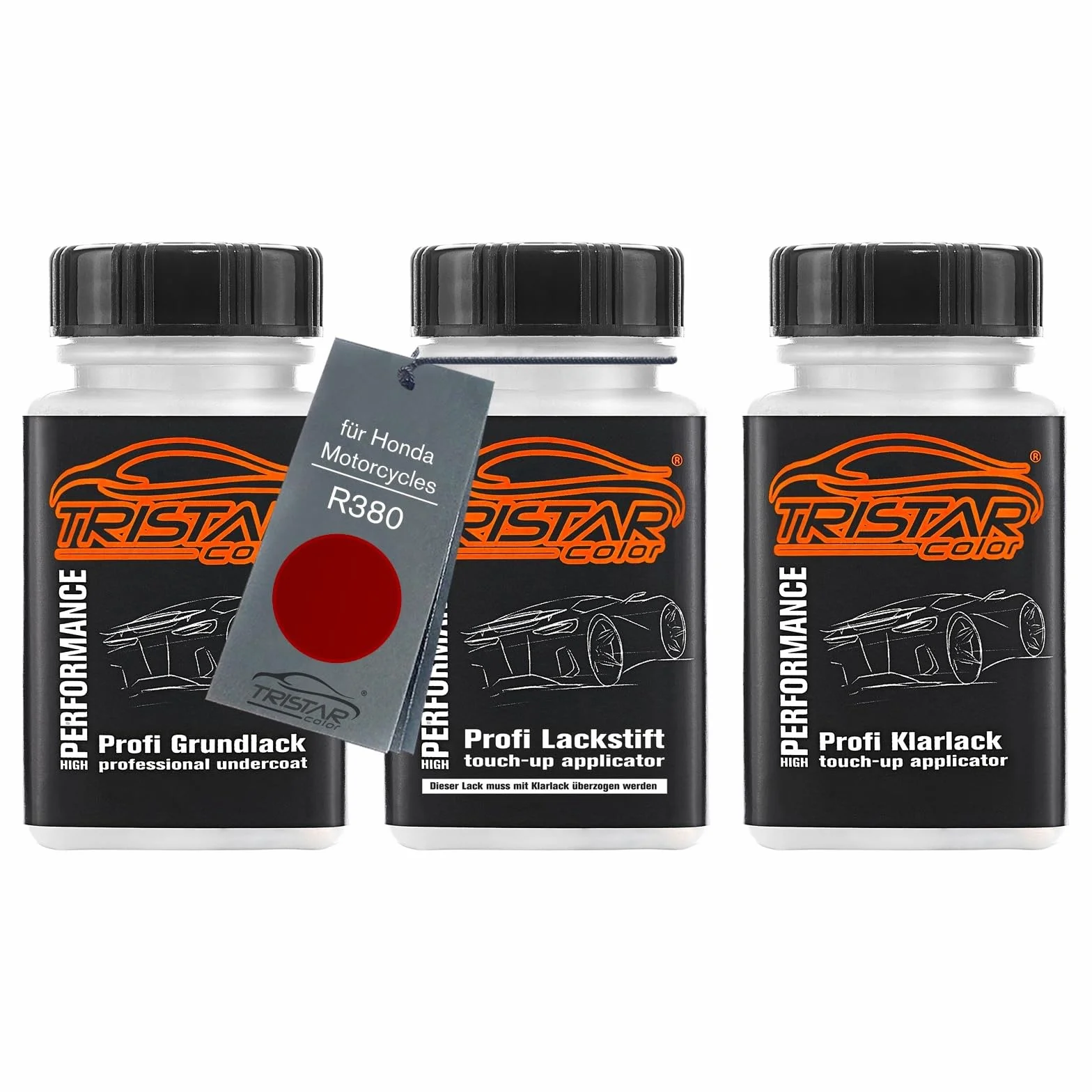 TRISTARcolor Lakier do motocykli Zestaw sztyftów do retuszu dla Honda Motorcycles R380 Grand Prix Red lakier bazowy bezbarwny 50ml kazdy