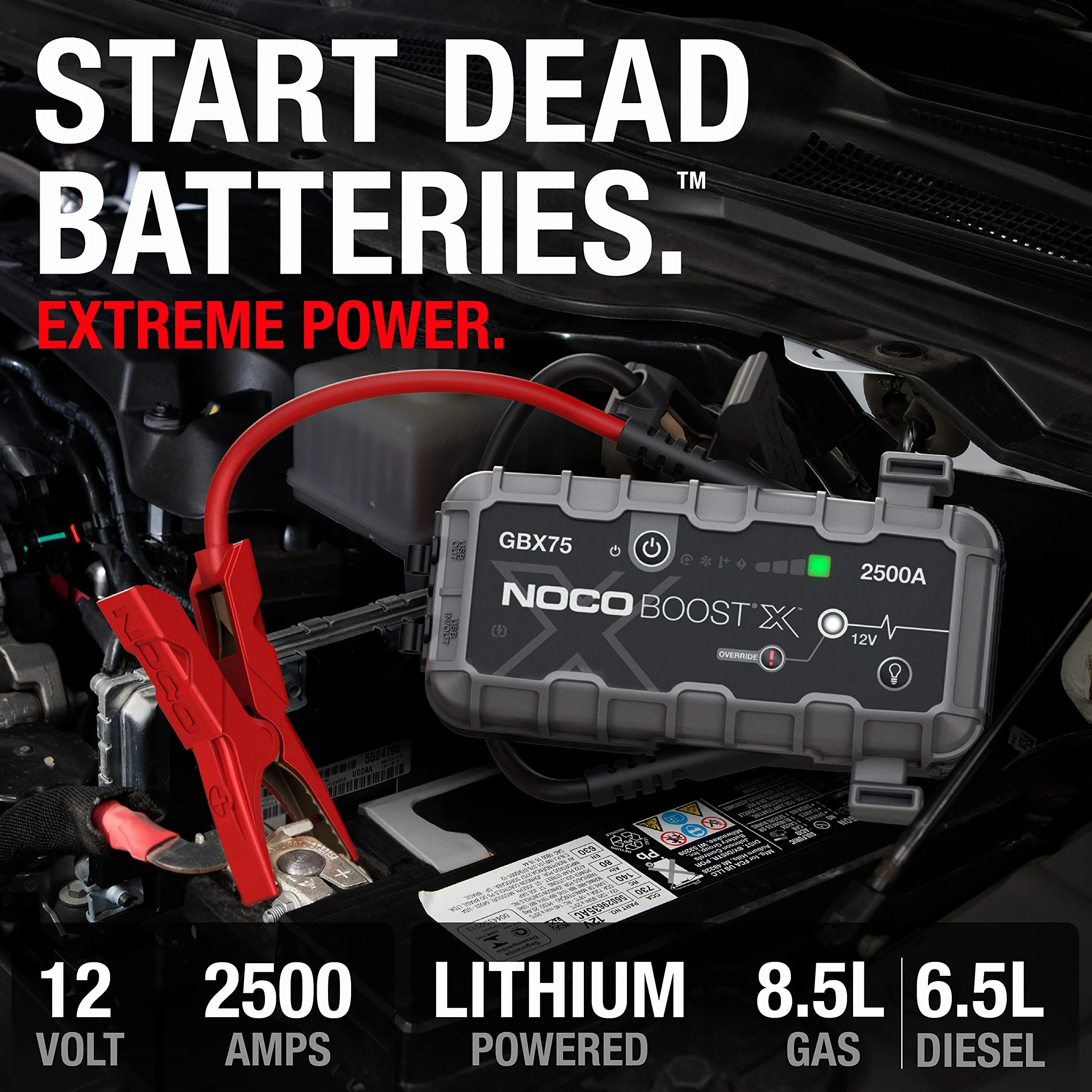 NOCO Boost X GBX75 2500A 12V UltraSafe litowy urządzenie rozruchowe, booster do akumulatora I kable rozruchowe do 8,5-litrowych silników benzynowych i 6,5-litrowych silników wysokoprężnych