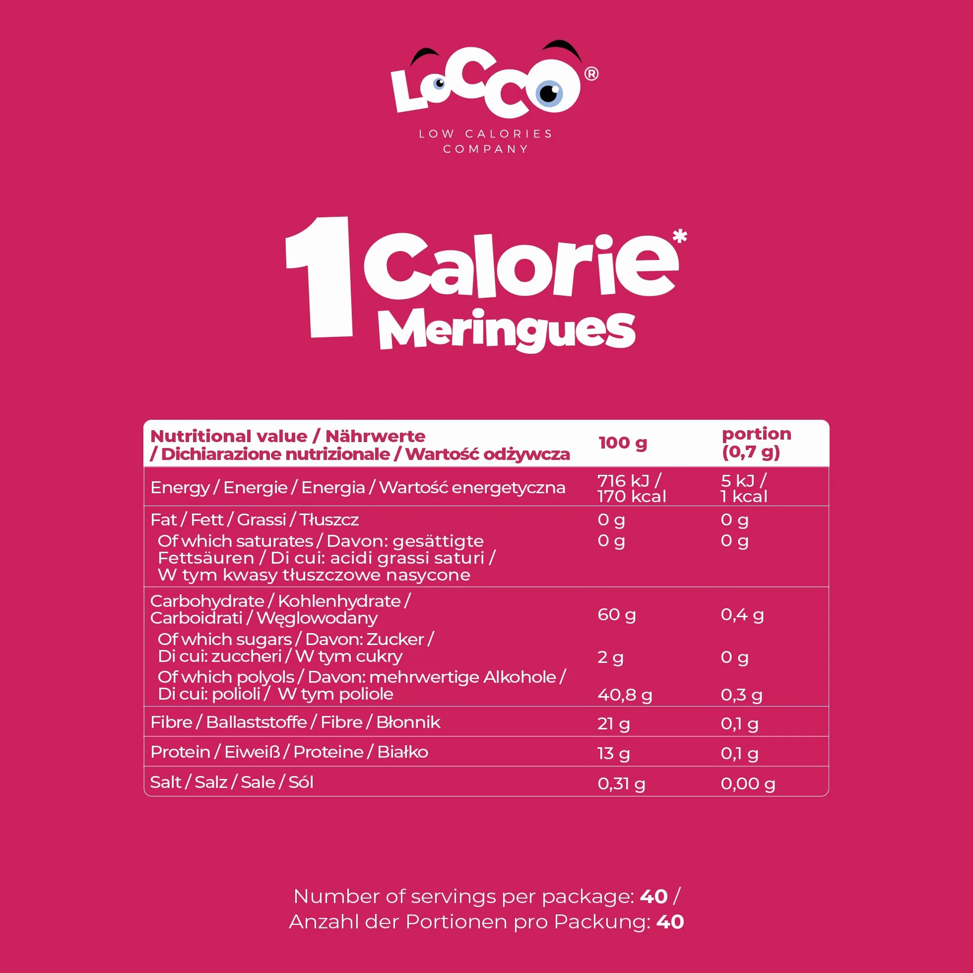 LoCCo Słodkie Bezy Bez Cukru 1 kcal Malinowe - Niskokaloryczna Przekąska ze Stewią, Keto, Low Carb, Bogate w Białko i Błonnik, Dla Diabetyków