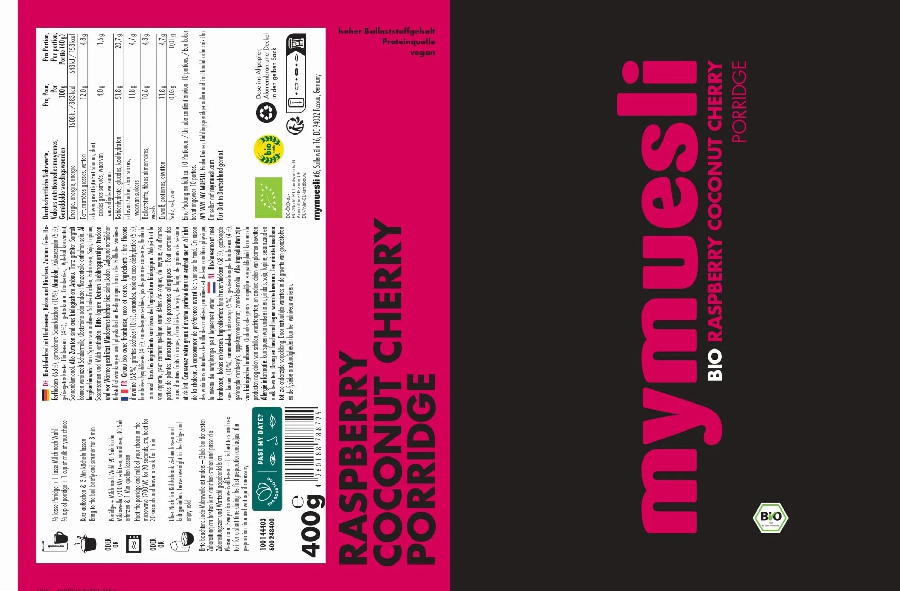 Mymuesli puszka owsianka 6 x 400 g z sernikiem jagodowym, Classic Pur, Wildberry Chia, Mak waniliowy, Choco Banana, Chrupiący cynamon jabłkowy