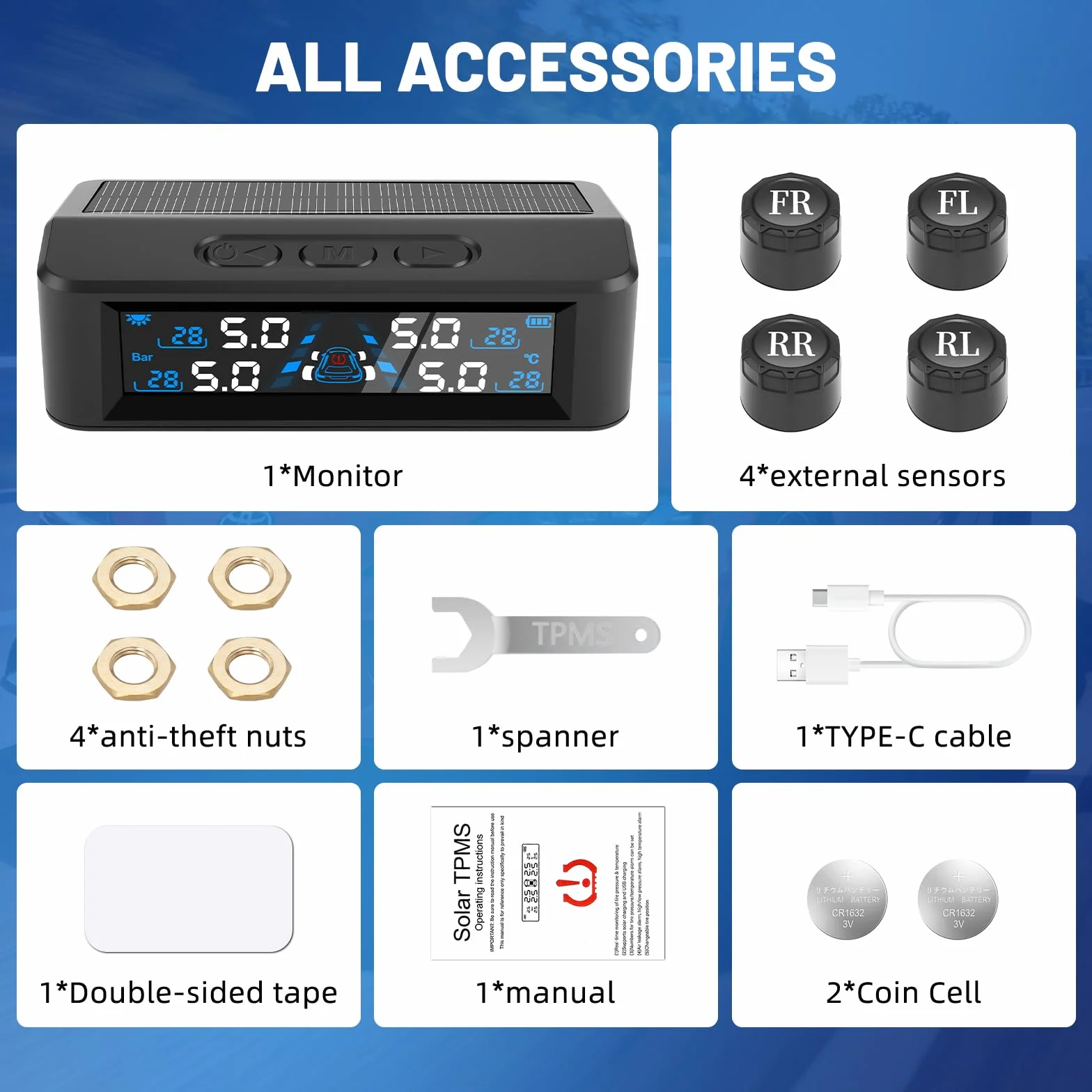 TPMS system monitorowania ciśnienia w oponach, ładowanie energią słoneczną/USB, alarmy w kabinie, alarmy temperatury, do kampera, sedana, SUV, MPV, przyczepy, motocykla itp., 4 czujniki