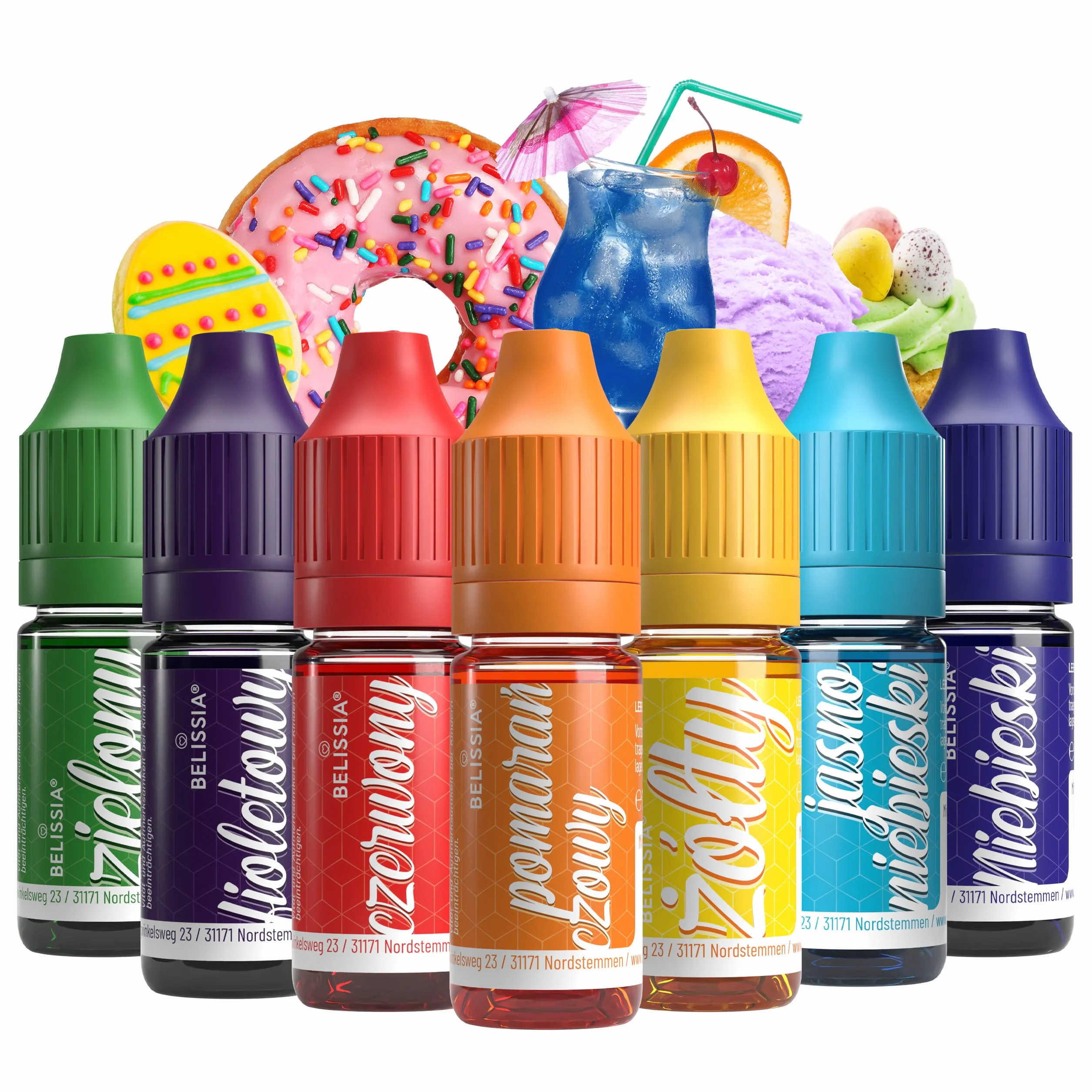 Zestaw barwników spożywczych Wielkanoc 7x10ml Wysoce skoncentrowany barwnik, Wyprodukowano w Niemczech bez cukru, płynny, do barwienia napojów, ciast, ciastek, polew, slime i wielu innych. Dekoracja ciast - akcesoria do pieczenia