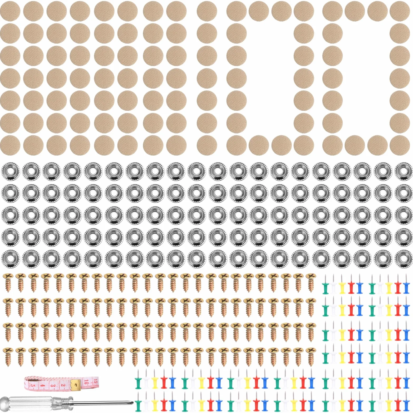 100 sztuk zestaw naprawczy podsufitki samochodowej beżowy, nity do podsufitki, zestaw do naprawy tkaniny samochodowej, dla aut osobowych, z szpilkami, śrubokrętem, miarką.