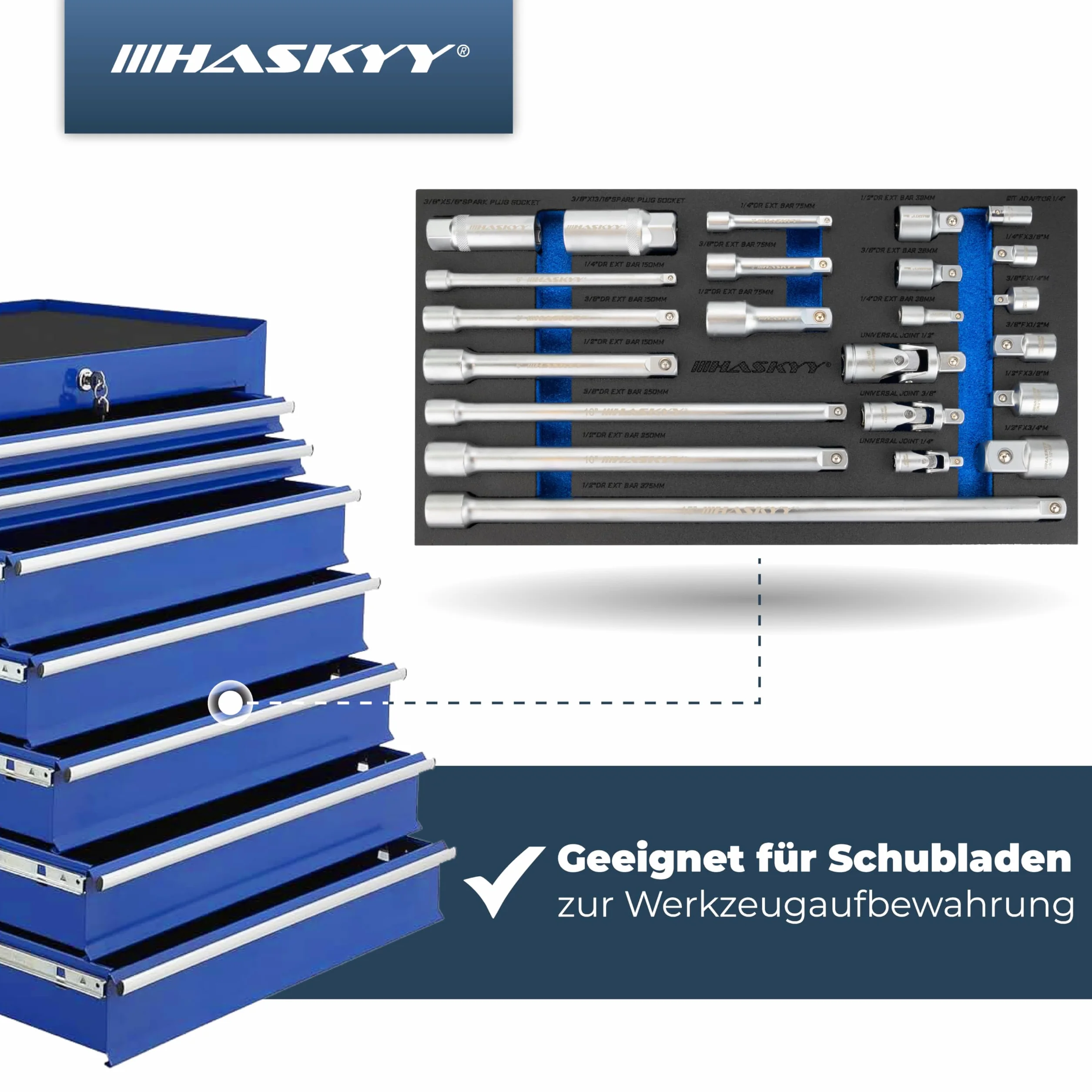 HASKYY Zestaw nasadek nasadowych 1/4 3/8 1/2 cala z grzechotką, przedłużacz, adapter, przegub kardanowy, świece zapłonowe, zestaw elementów łączących do samochodów i przemysłu