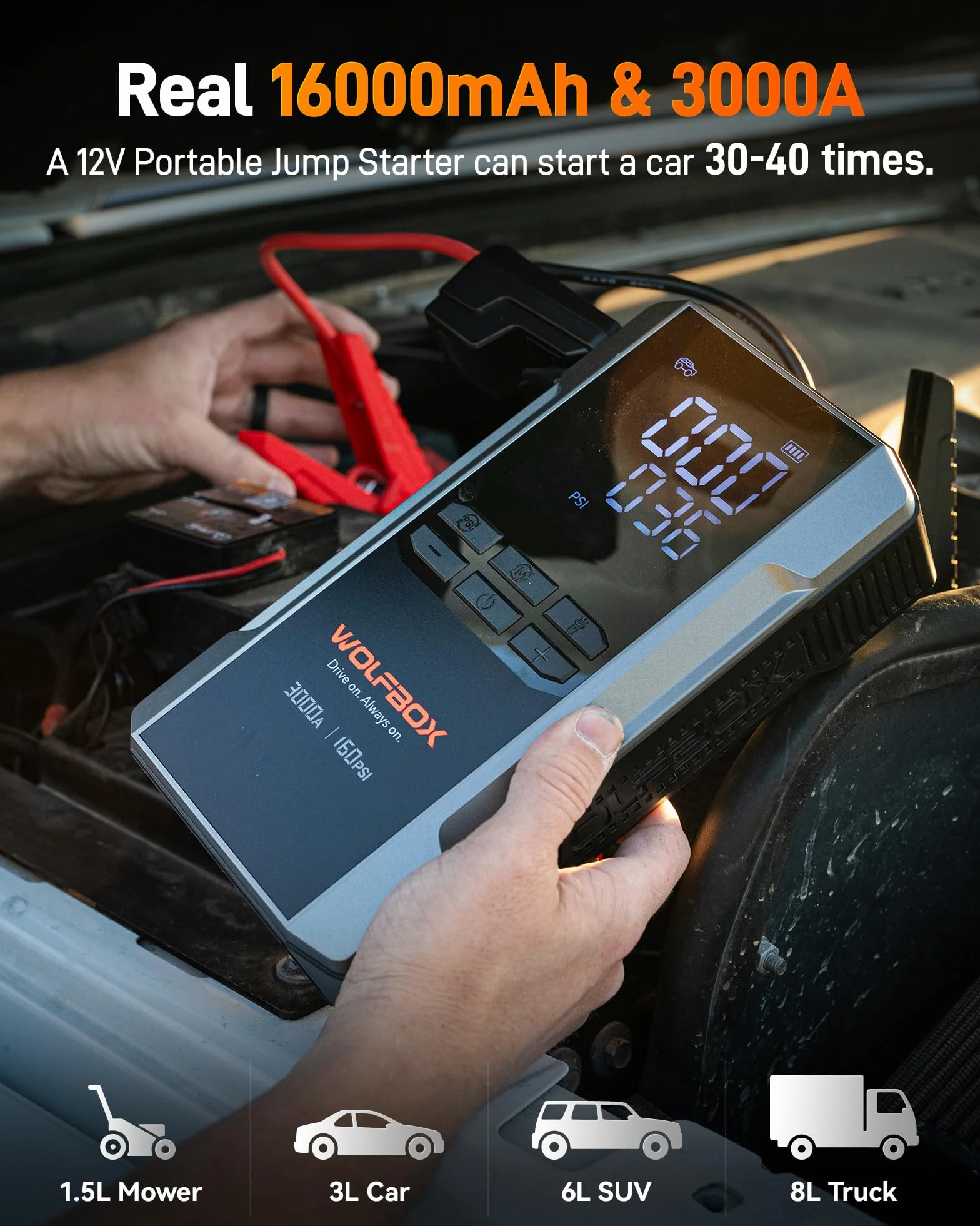 WOLFBOX Rozrusznik skokowy 3000 A 16000 mAh 160 PSI 65 W 12 V z sprężarką powietrza