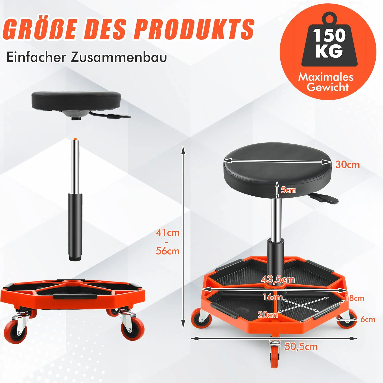 GOPLUS Taboret warsztatowy 41-56 cm z regulacją wysokości, taboret na kółkach z półką na narzędzia i 4 uniwersalnymi kółkami, funkcjonalny taboret roboczy do garażu, warsztatu naprawczego, maks.