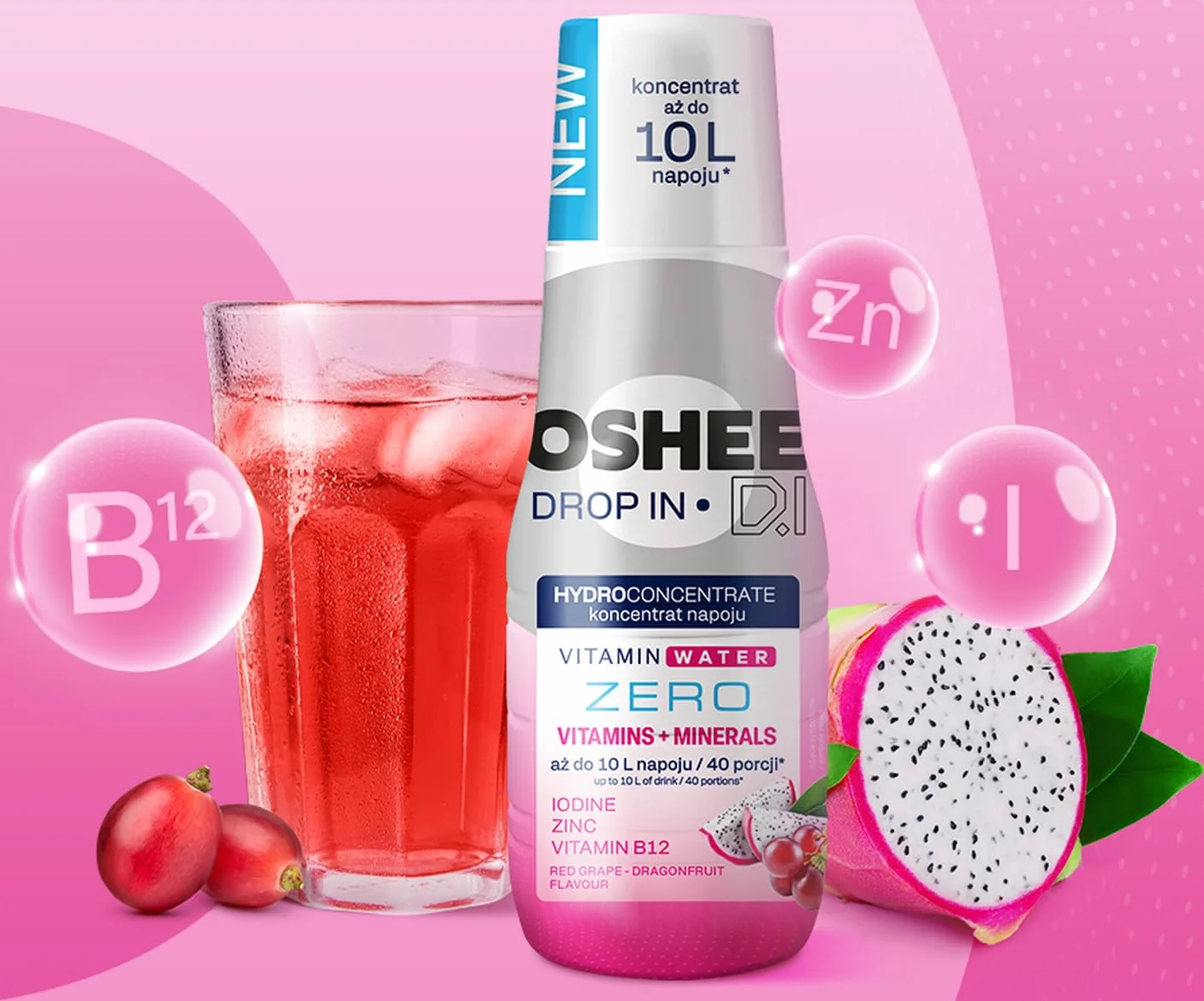 OSHEE DROP IN ZERO Hydrokoncentrat - Czerwone Winogrono i Smoczy Owoc - Witaminy i Minerały, Bez Sztucznych Dodatków, Bez Cukru, Do 10 L Napoju, 500ml