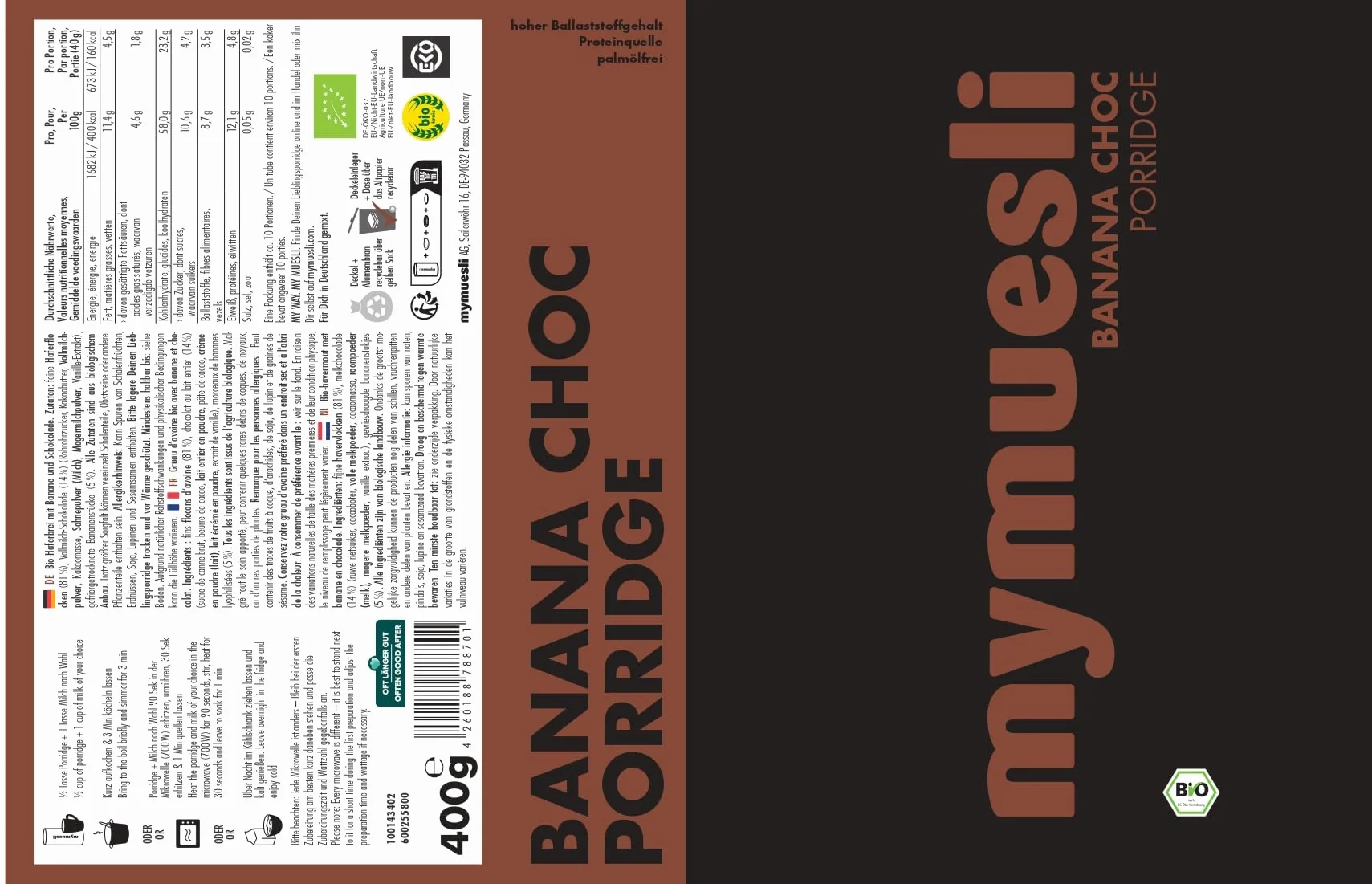 Mymuesli puszka owsianka 6 x 400 g z sernikiem jagodowym, Classic Pur, Wildberry Chia, Mak waniliowy, Choco Banana, Chrupiący cynamon jabłkowy