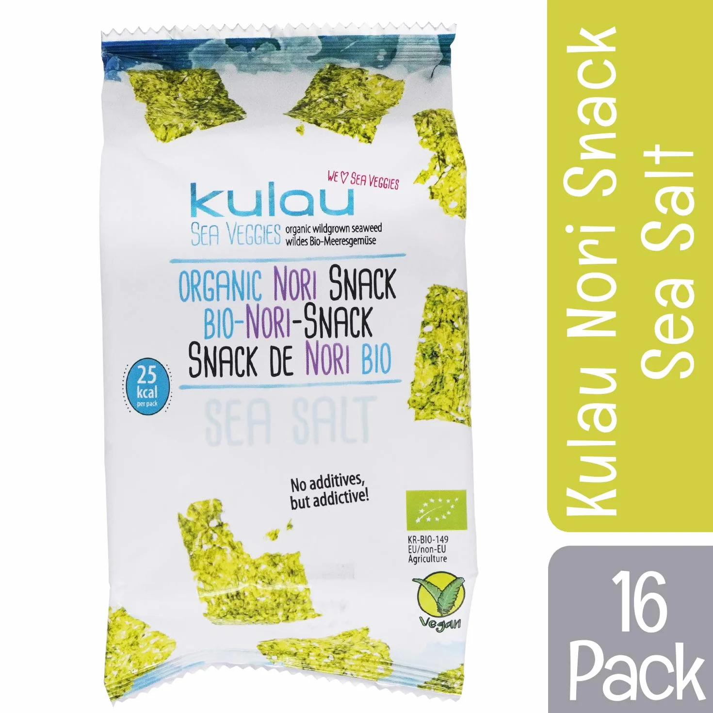 KULAU Bio Nori przekąska 16 x 4 g, chipsy z palonych liści alg nori z naturalną solą morską bez sztucznych dodatków