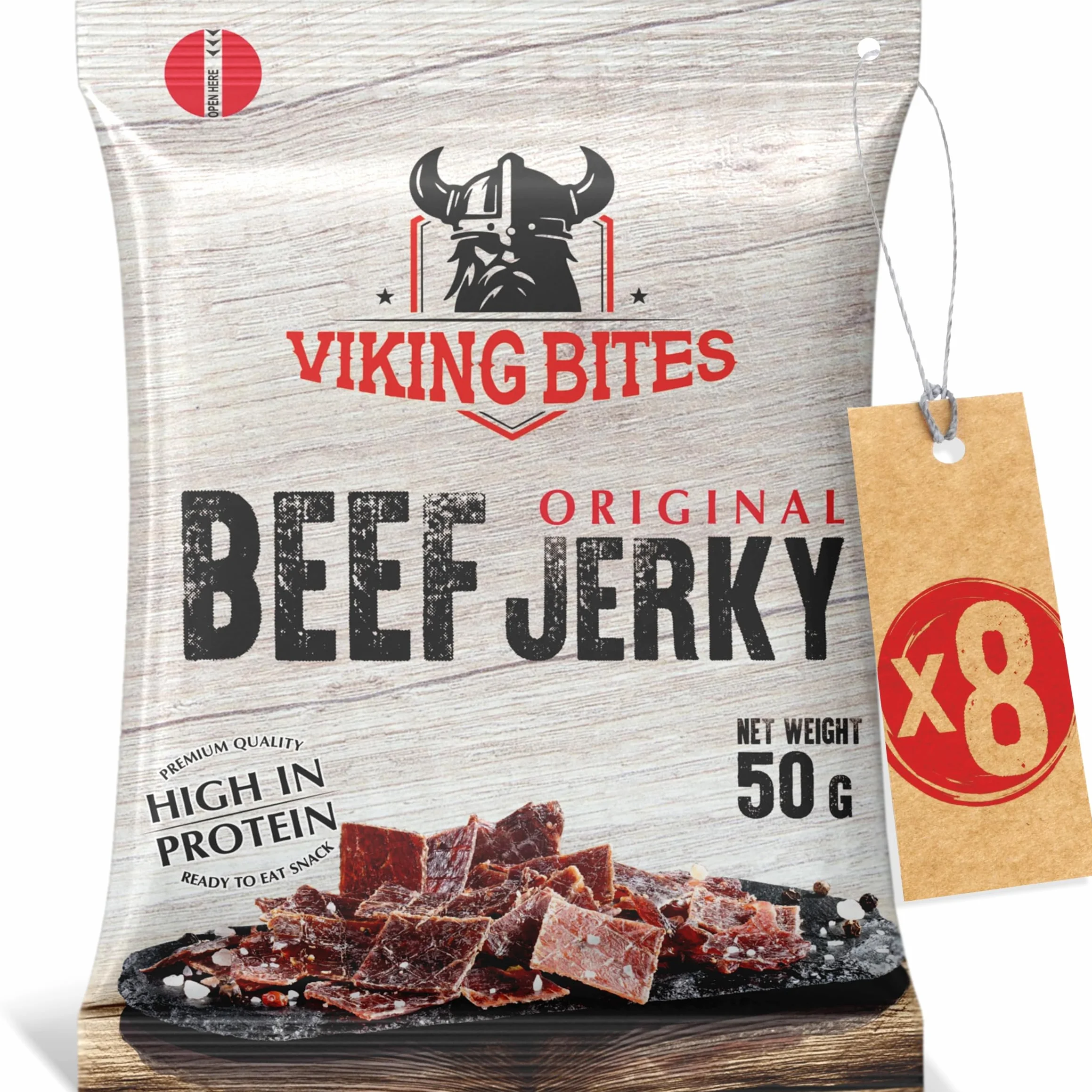 Viking Bites Beef Jerky Original 400 g (8 x 50 g) – Suszona wołowina Oryginalna – Przekąska mięsna o wysokiej zawartości białka