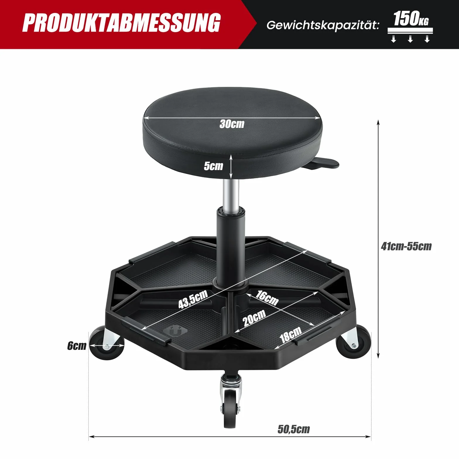 COSTWAY Taboret warsztatowy, fotel warsztatowy, siedzisko na kółkach, obciążenie 150 kg, regulacja wysokości 41-55 cm, siedzisko warsztatowe z półką i 4 kółkami, taboret roboczy na narzędzia
