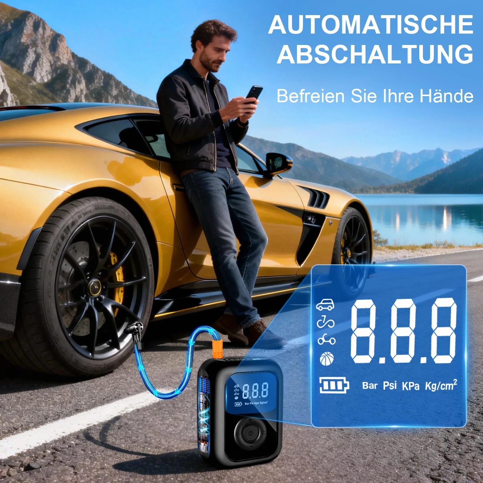 Przenośna sprężarka powietrza, 150 PSI, elektryczna pompka rowerowa, mini kompresor rowerowy z cyfrowym wyświetlaczem LED i oświetleniem LED, przenośna pompka elektryczna do rowerów, samochodów i