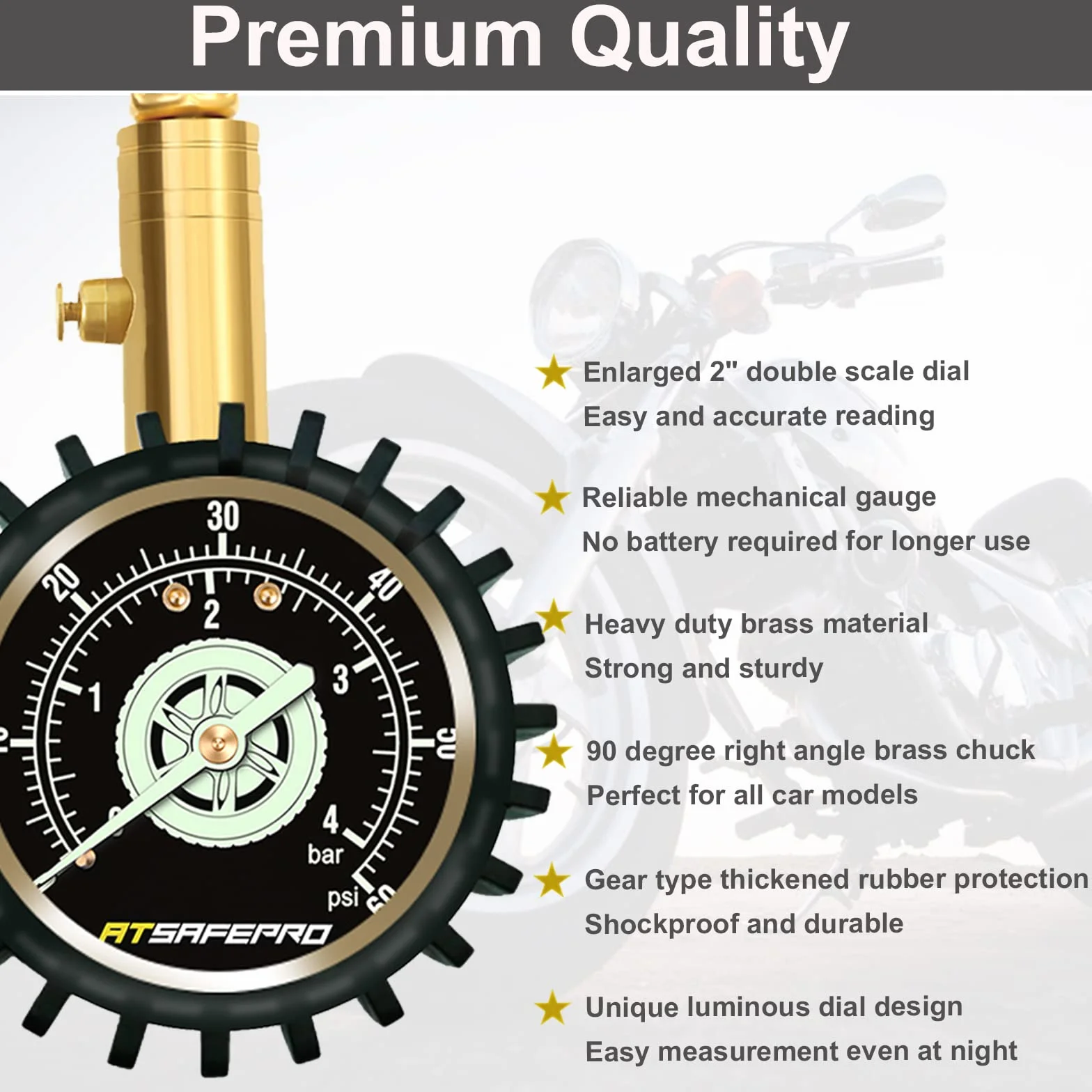 Manometr do opon 60 PSI, manometr do opon motocyklowych ATsafepro z elastycznym wężem kątowym 90 stopni, analogowy manometr do samochodów, motocykli, rowerów