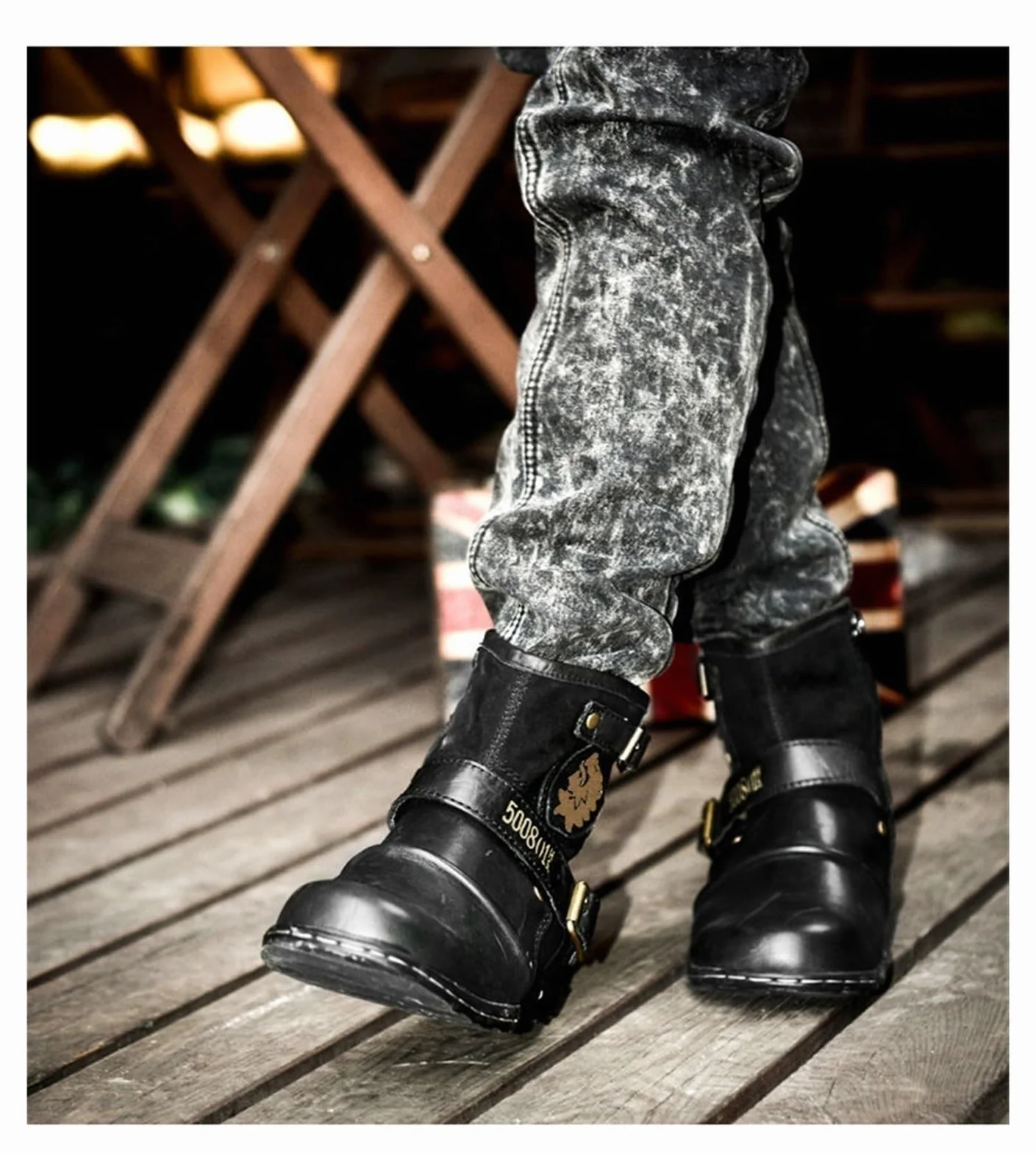 Buty Moto dla mężczyzn botki modne zapinane na zamek skórzane buty buty na co dzień wodoodporne buty motocyklowe zachodnie buty plus size (czarne, EU 43)