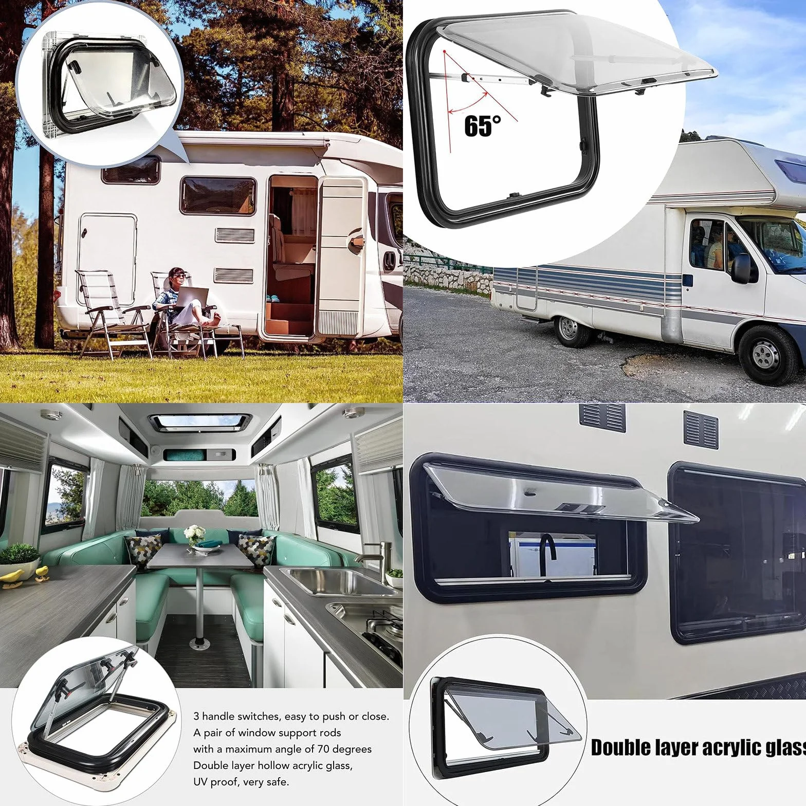 Okno RV do przyczepy kempingowej Van Camper, okno przyczepy o dużej wytrzymałości z zawiasami, wypychane okno Wymiana okna RV,70x40cm