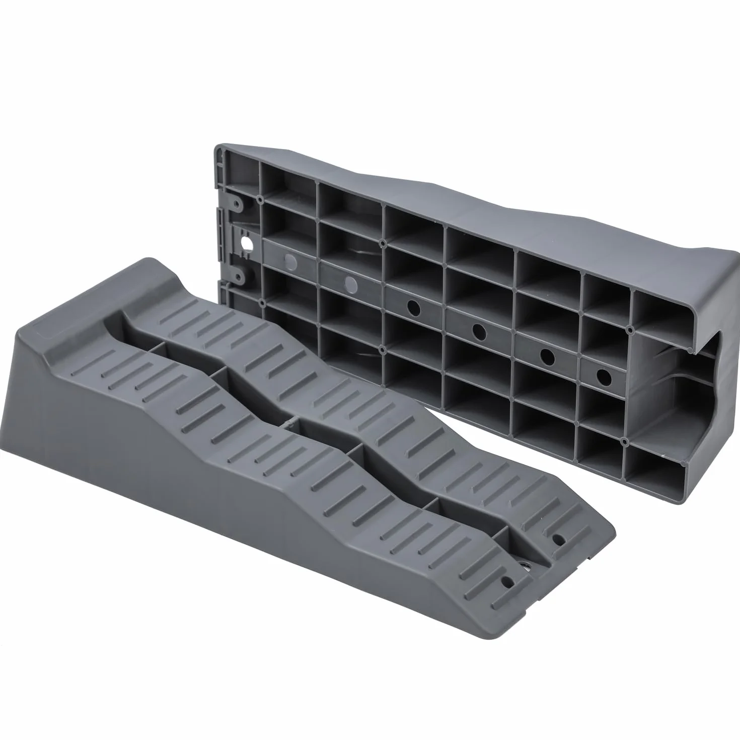 KATSU Tools 2 szt. rampy poziomujące do przyczep kempingowych, pojemność 5 ton, wytrzymałe, 3-stopniowe, plastikowe, kampery, kampery, rampy krawężnikowe, bloki kół, niwelatory, szare, 570 x 200 x 130