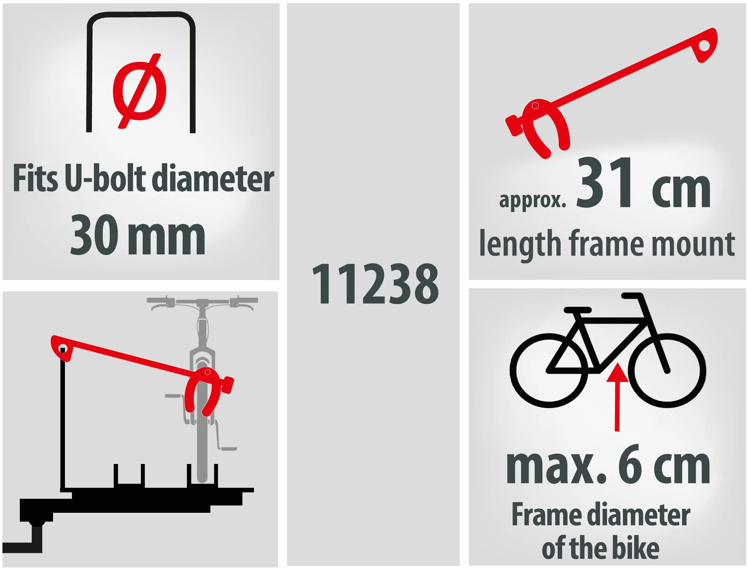 EUFAB 11238 Uchwyt na ramę długi, zamykany, do wspornika U Ø 3,0 cm, długość 31 cm, czarny/srebrny