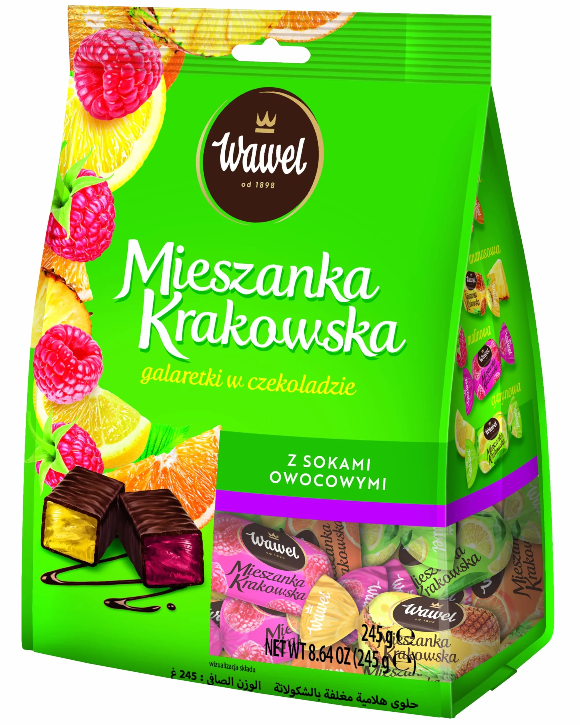 Wawel Galaretki w czekoladzie Mieszanka Krakowska cukierki z naturalnym sokiem owocowym 245g