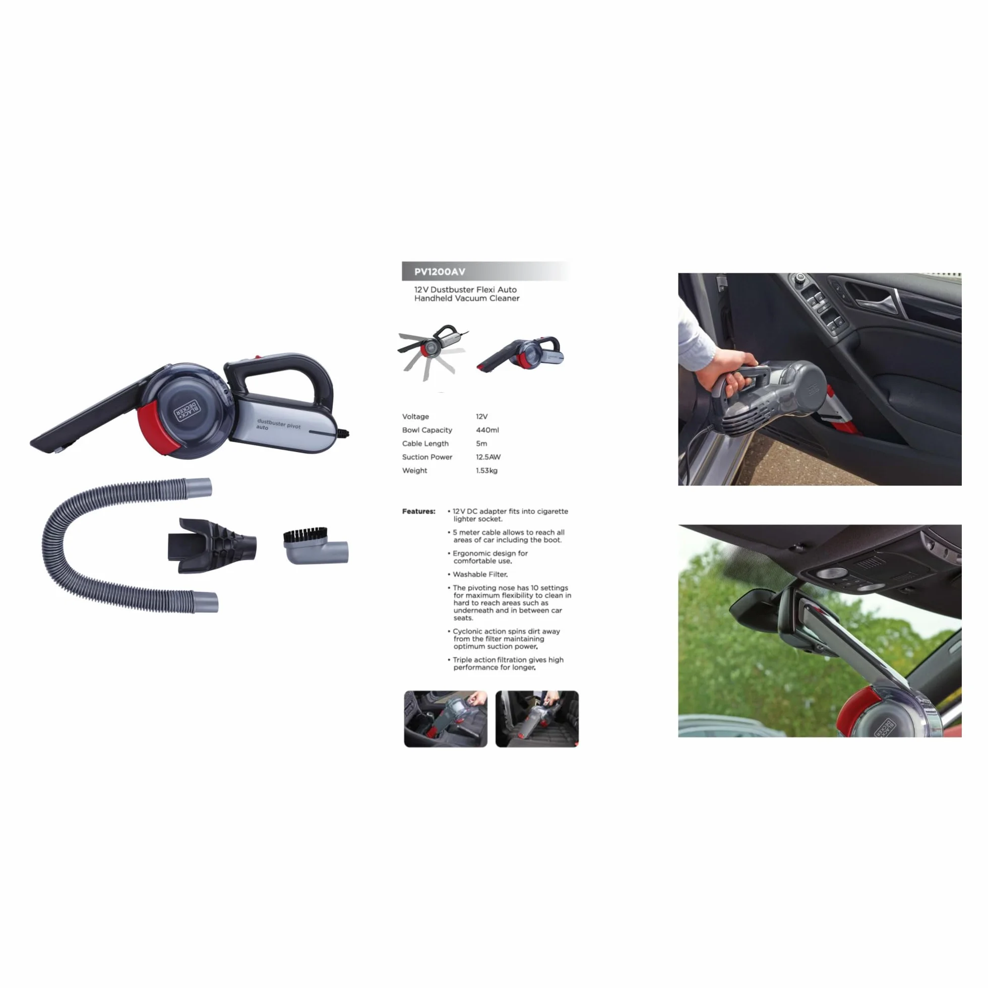 Black & Decker, Odkurzacz samochodowy 12V Pivot, akcesoria, torba, PV1200AV-XJ