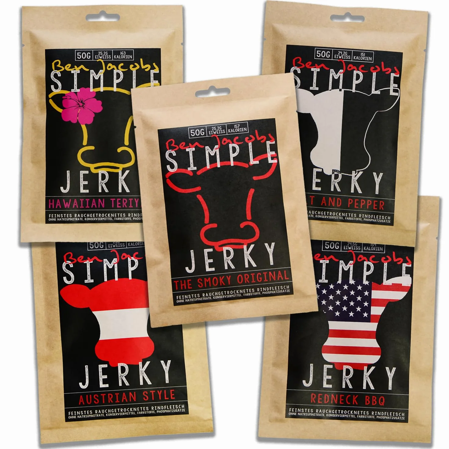 Beef Jerky pudełko na próbki, 5 x 50 g, ręcznie wykonane, austriackie pastwiska, sucha mięso premium bez dodatków chemicznych