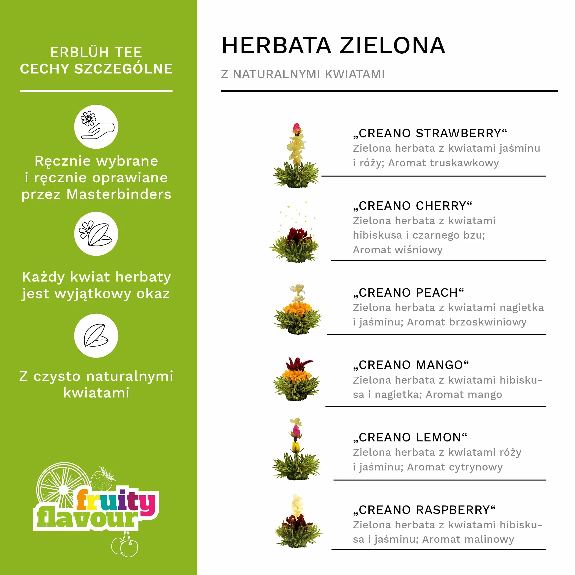 Creano Flowering Teas – Zestaw herbat kwitnących – Zielona herbata o owocowym smaku (6 różnych odmian róż herbacianych) Prezent dla kobiet, matek i miłośniczek herbaty