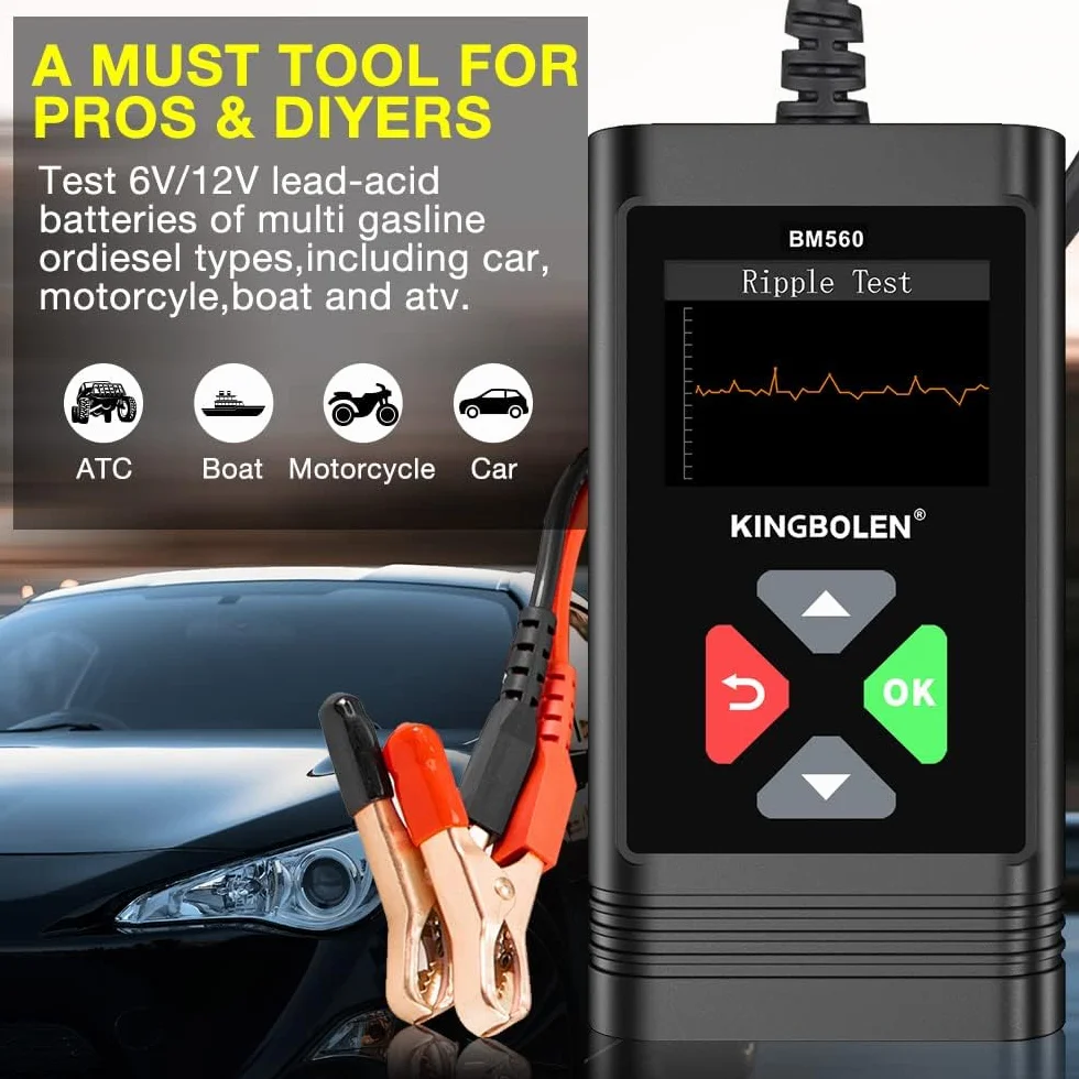 Tester akumulatora samochodowego 6 V 12 V, KINGBOLEN BM560 100-2000 CCA, automatyczny tester akumulatora, analizator akumulatorów samochodowych do samochodów ciężarowych, SUV-ów, ATV, łodzi, motocykli