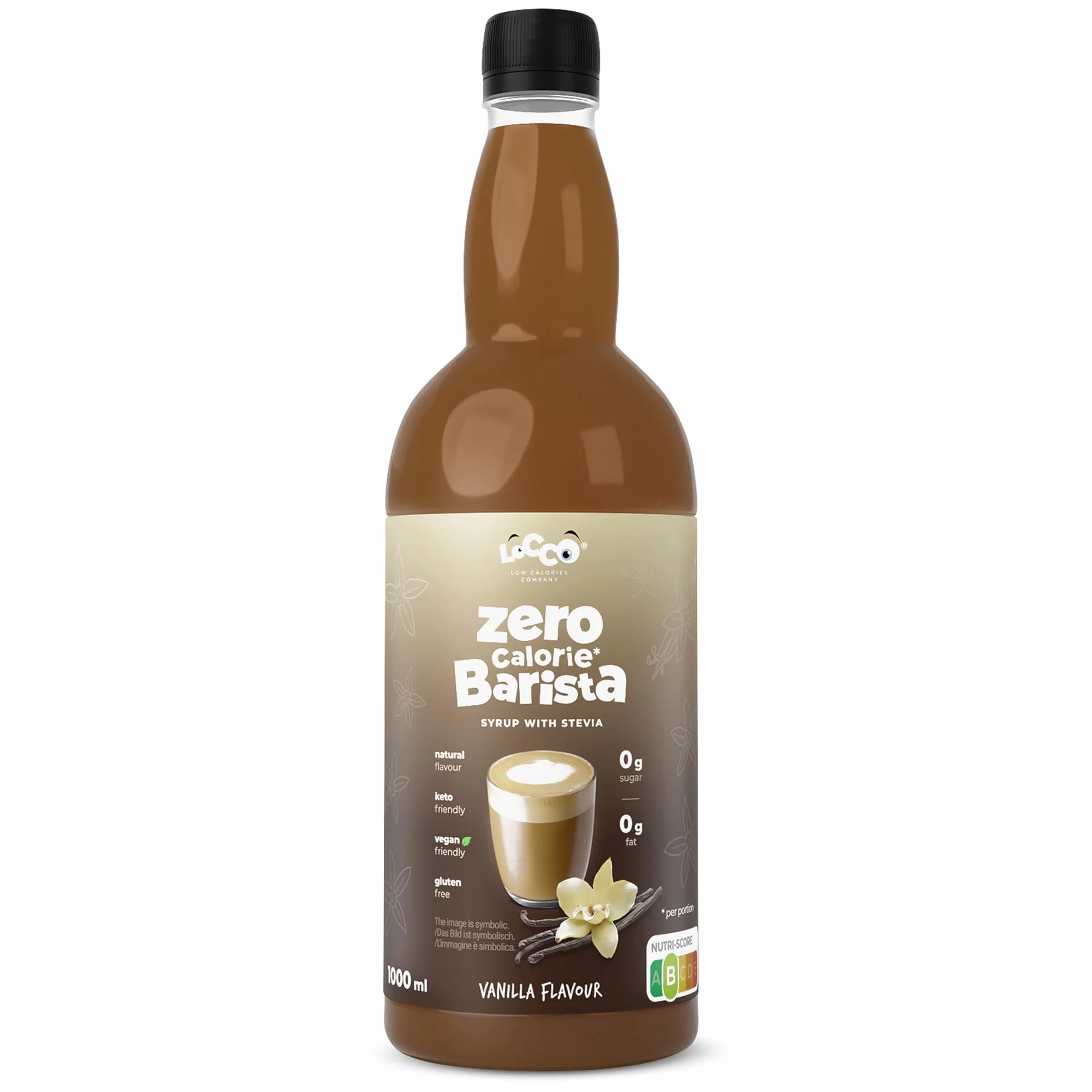 LoCCo Bezkaloryczny Syrop Barista do Kawy ze Stewią – Zero Kalorii, Bez Cukru, Keto, Bezglutenowy, Wegański (Smak Waniliowy) 1L