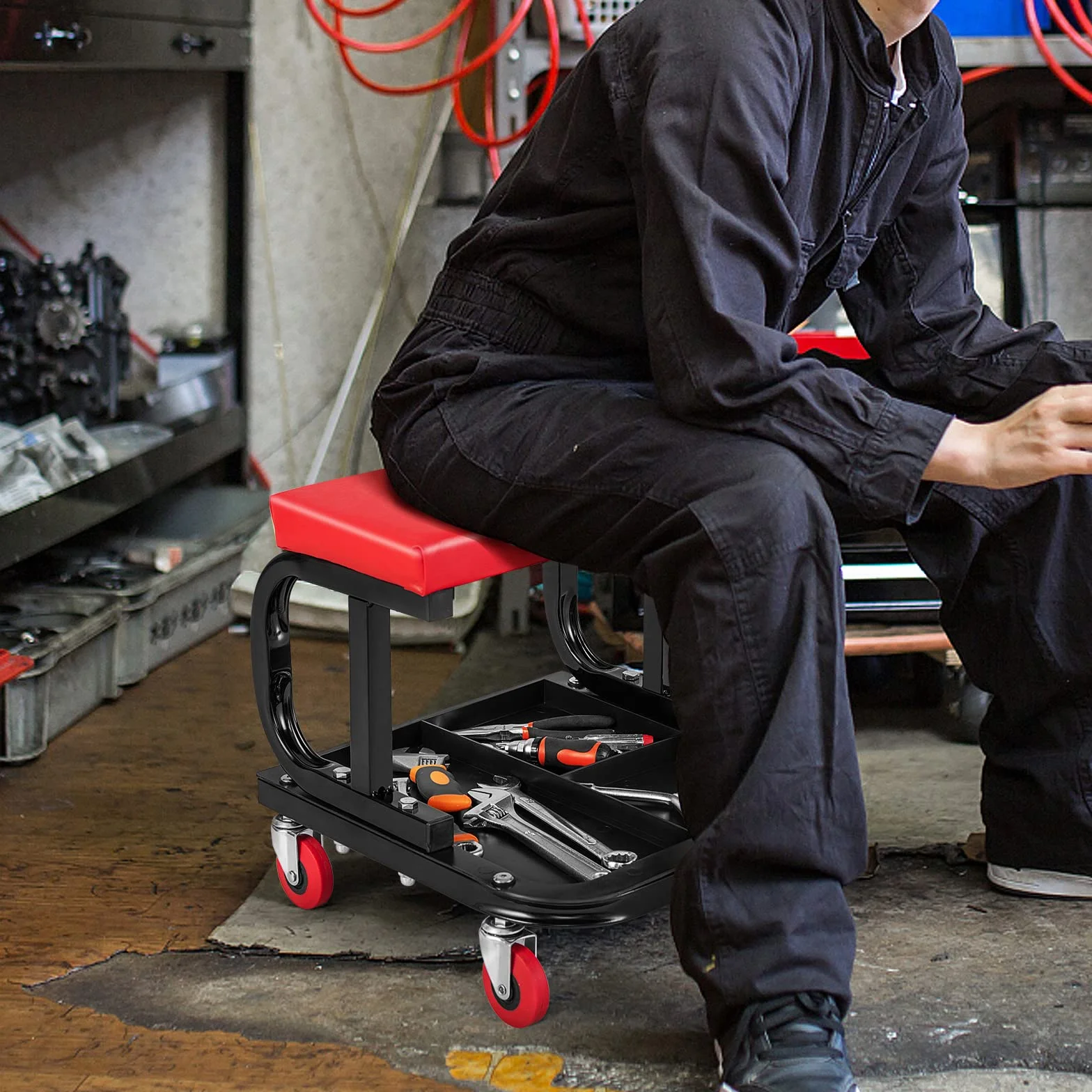 COSTWAY Taboret warsztatowy na kółkach, warsztatowy taboret na kółkach 150 kg udźwig, taboret roboczy z półką i miękką podkładką na siedzisko, taboret na kółkach, taboret montażowy do narzędzi, 38 x