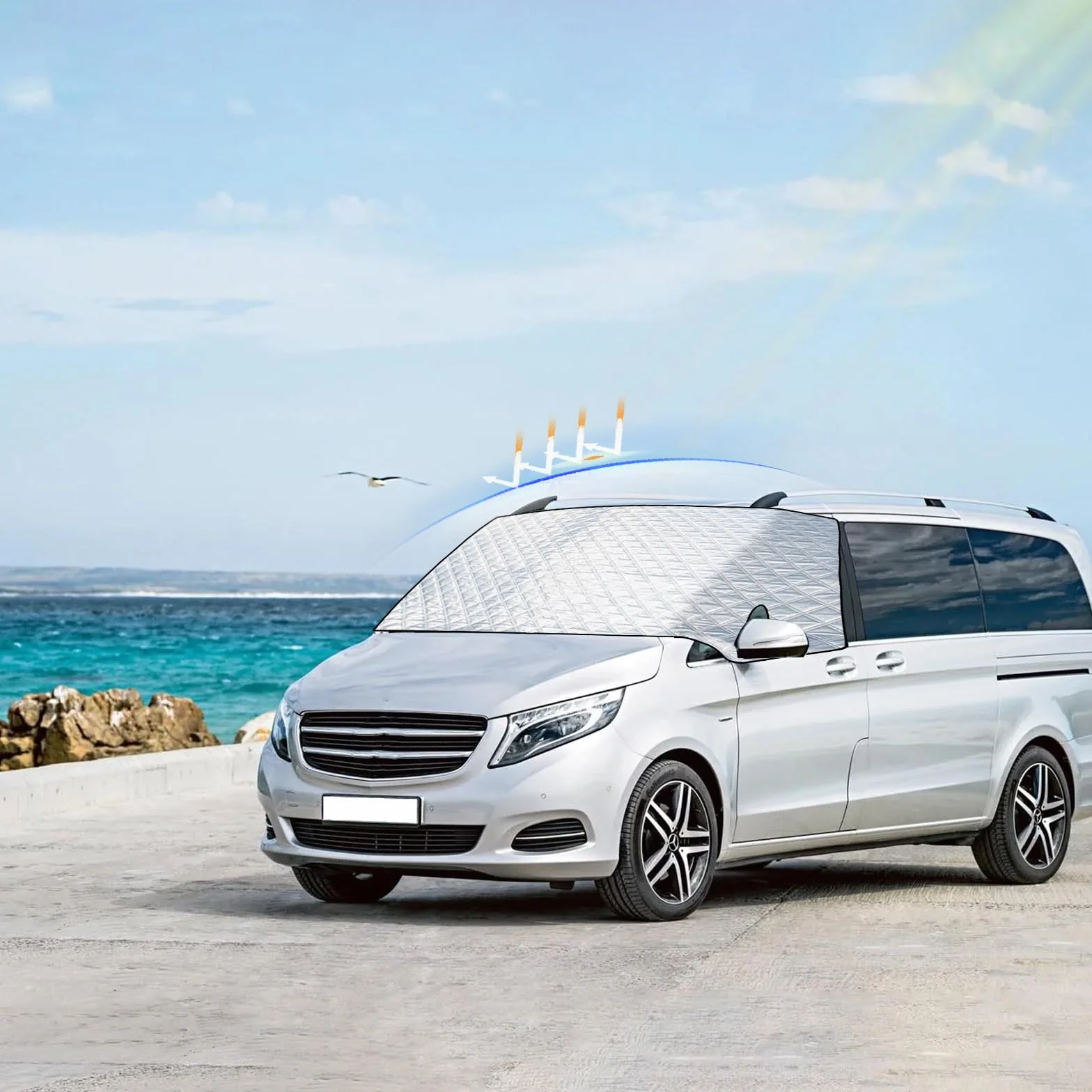 Osłona na przednią szybę do Benz Vito W447 2015-2024, z wewnętrzną bawełną, zewnętrzna, termiczna osłona przedniej szyby, składana osłona przedniej szyby samochodu, 100% zaciemnienie,