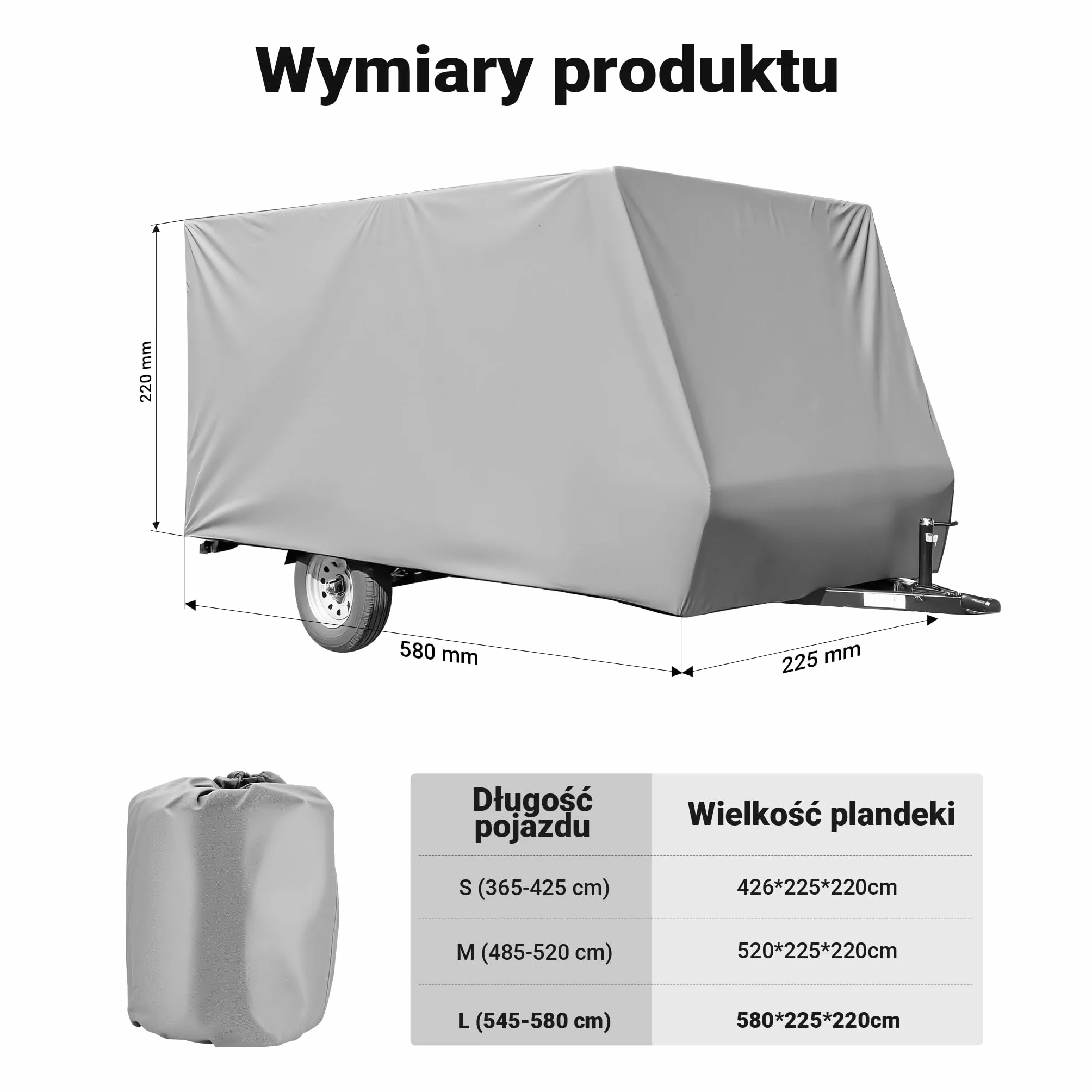 Osłona ochronna na przyczepę kempingową rozmiar L 580x225x220cm pokrowiec na przyczepę kempingową