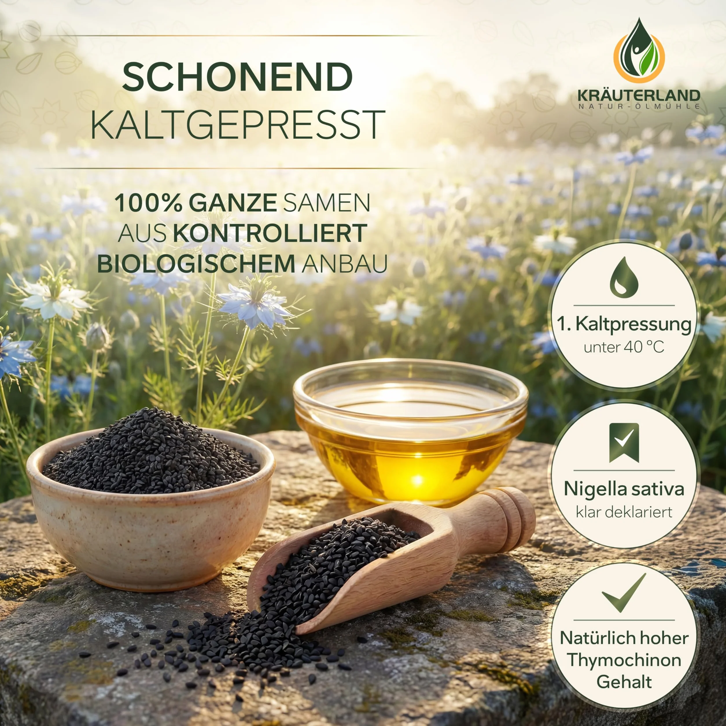 Kräuterland - organiczny olej z czarnuszki, filtrowany 2x250ml - 100% czysty, delikatnie tłoczony na zimno, egipski, wegański - gwarancja świeżości: świeżo mielony codziennie bezpośrednio od producenta