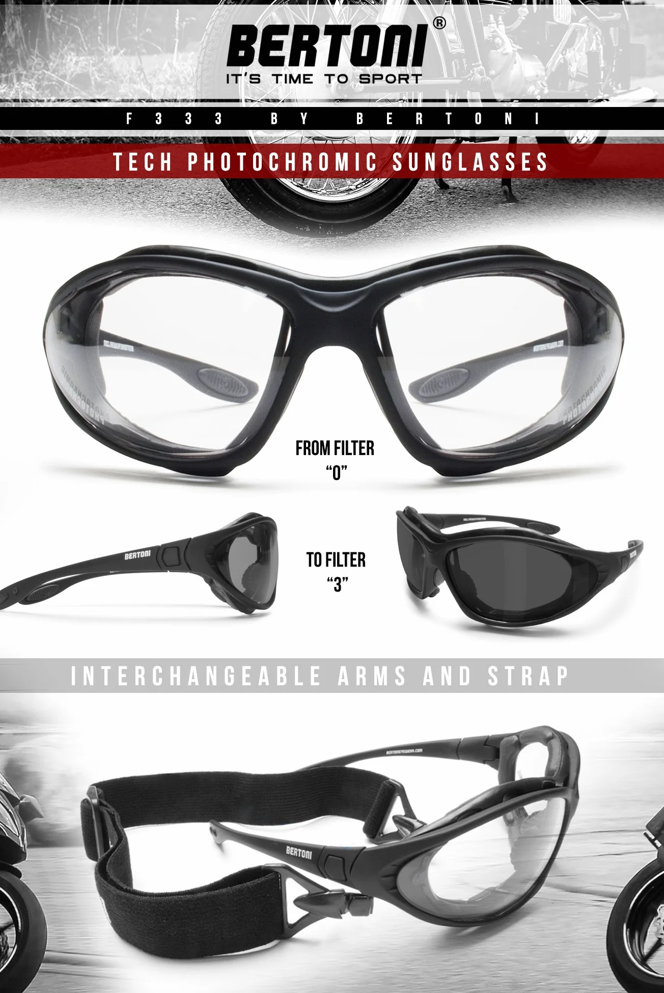 BERTONI Fotochromowe okulary motocyklowe z polaryzacją okulary ochronne, samotonujące ochrona przed zaparowaniem, ochrona przed promieniowaniem UV, z wymiennymi zausznikami lub opaską na głowę - model