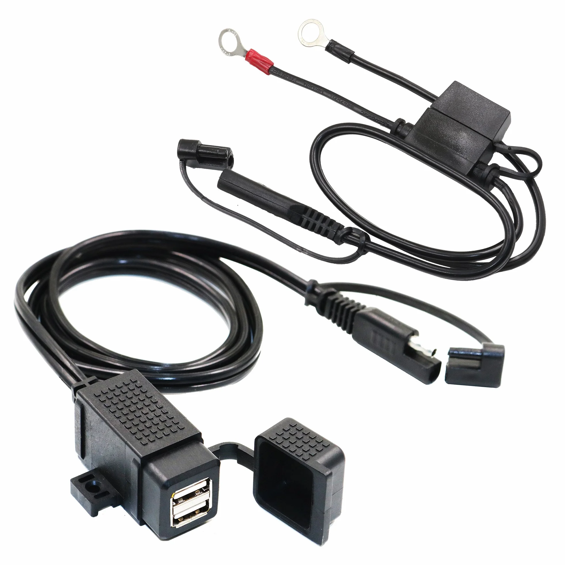 MOTOPOWER MP0609EA 3,1 A wodoodporny motocykl podwójna ładowarka USB zestaw z bezpiecznikiem SAE pierścień zaciskowy wiązka przewodów
