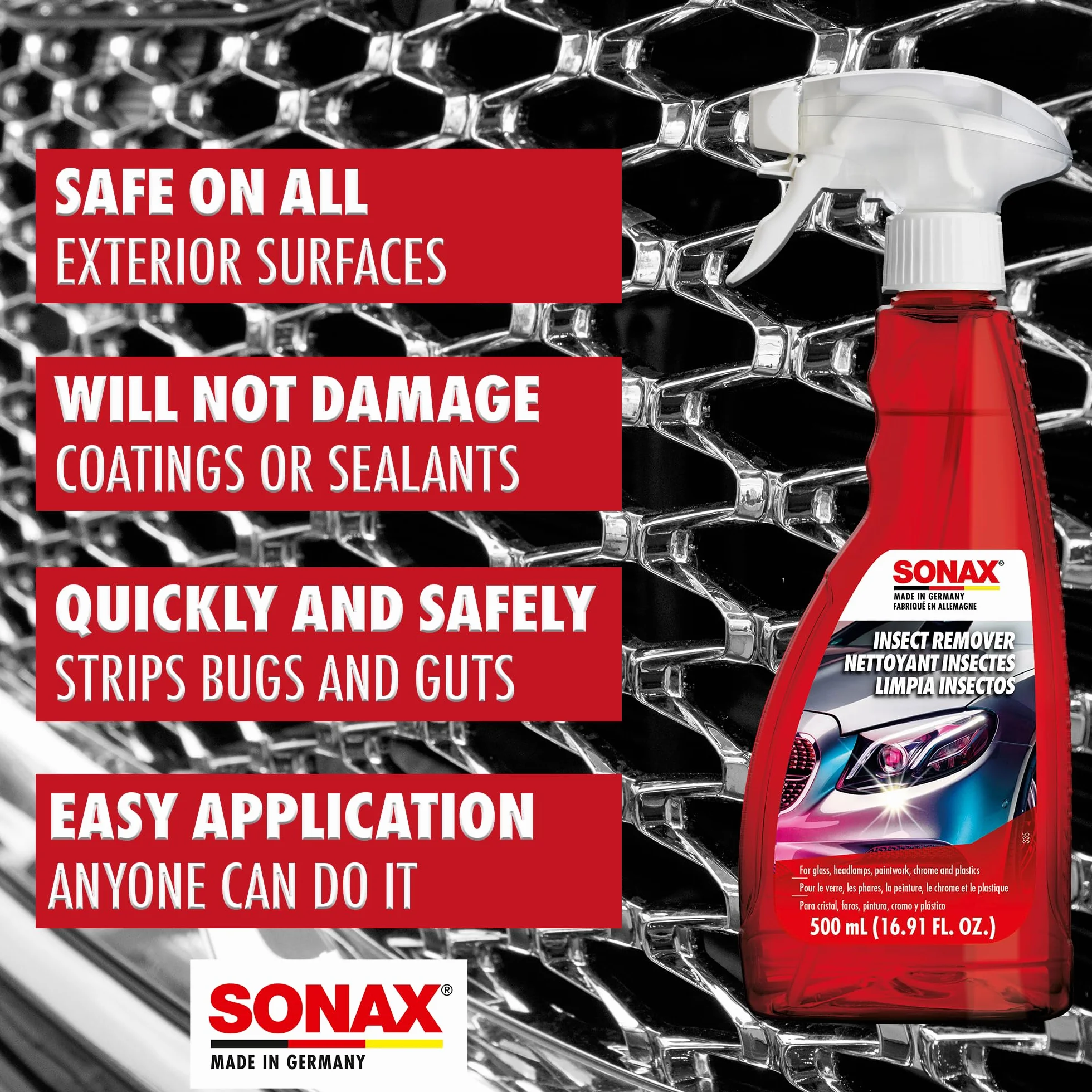 SONAX Środek do usuwania owadów (500 ml) usuwa resztki owadów na powierzchniach szklanych, lakierowanych, chromowanych i z tworzywa sztucznego | nr art. 05332000
