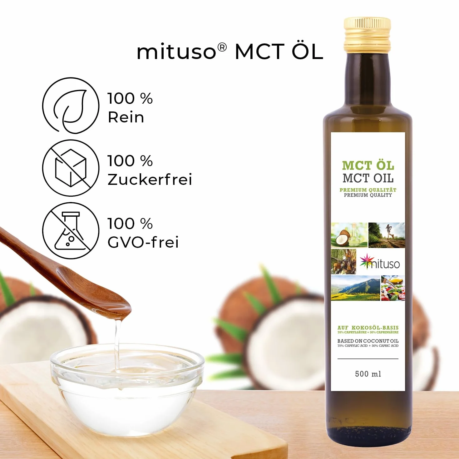 mituso MCT olej na bazie oleju kokosowego – 2 x 500 ml | 70% kwas kaprylowy (C8) i 30% kwas kaprynowy (C10) kwasy tłuszczowe | 100% czysty olejek MCT bez smaku – bez cukru, bez GMO