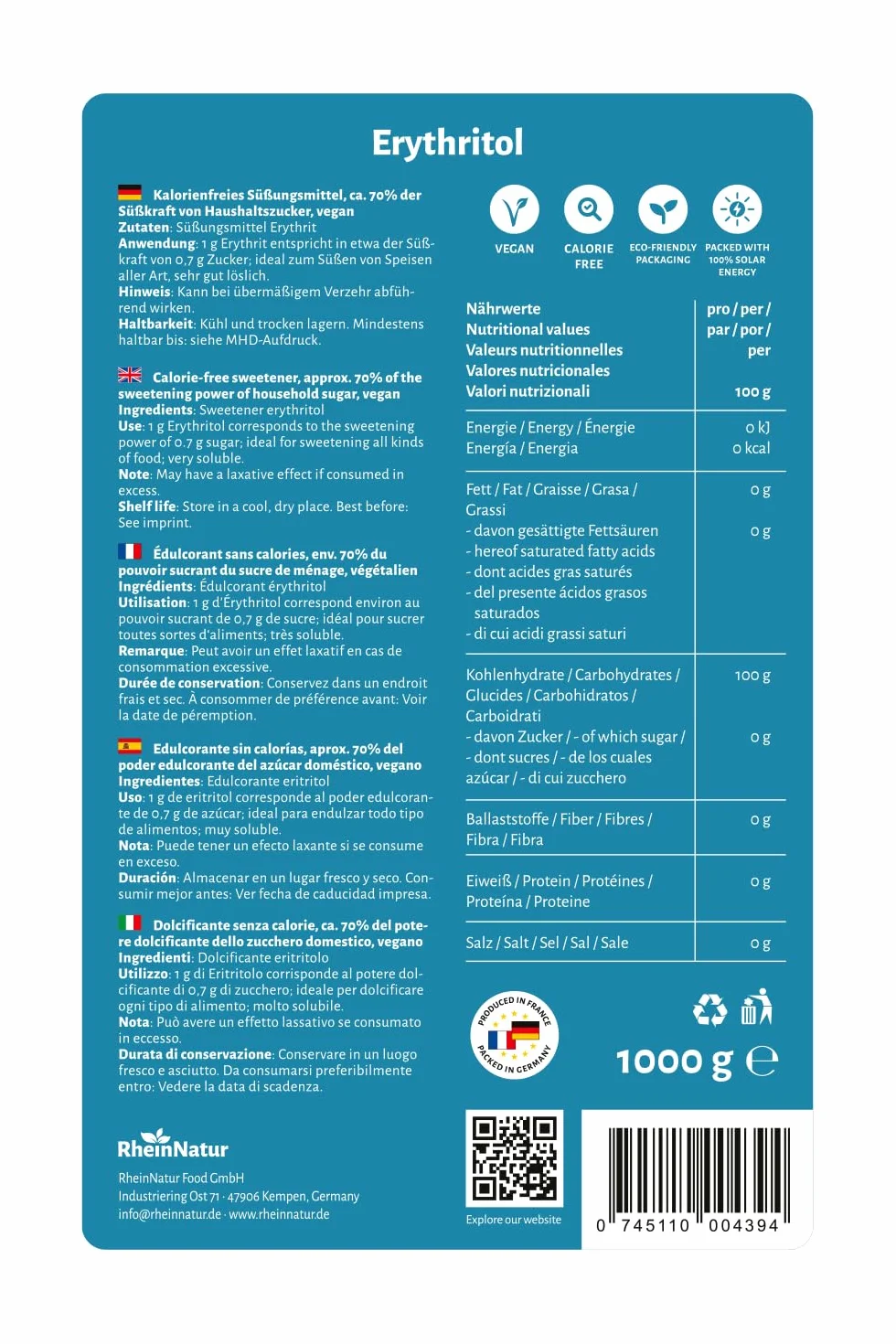 Erytryt 1 kg – zamiennik cukru bez kalorii, wegański, bezglutenowy
