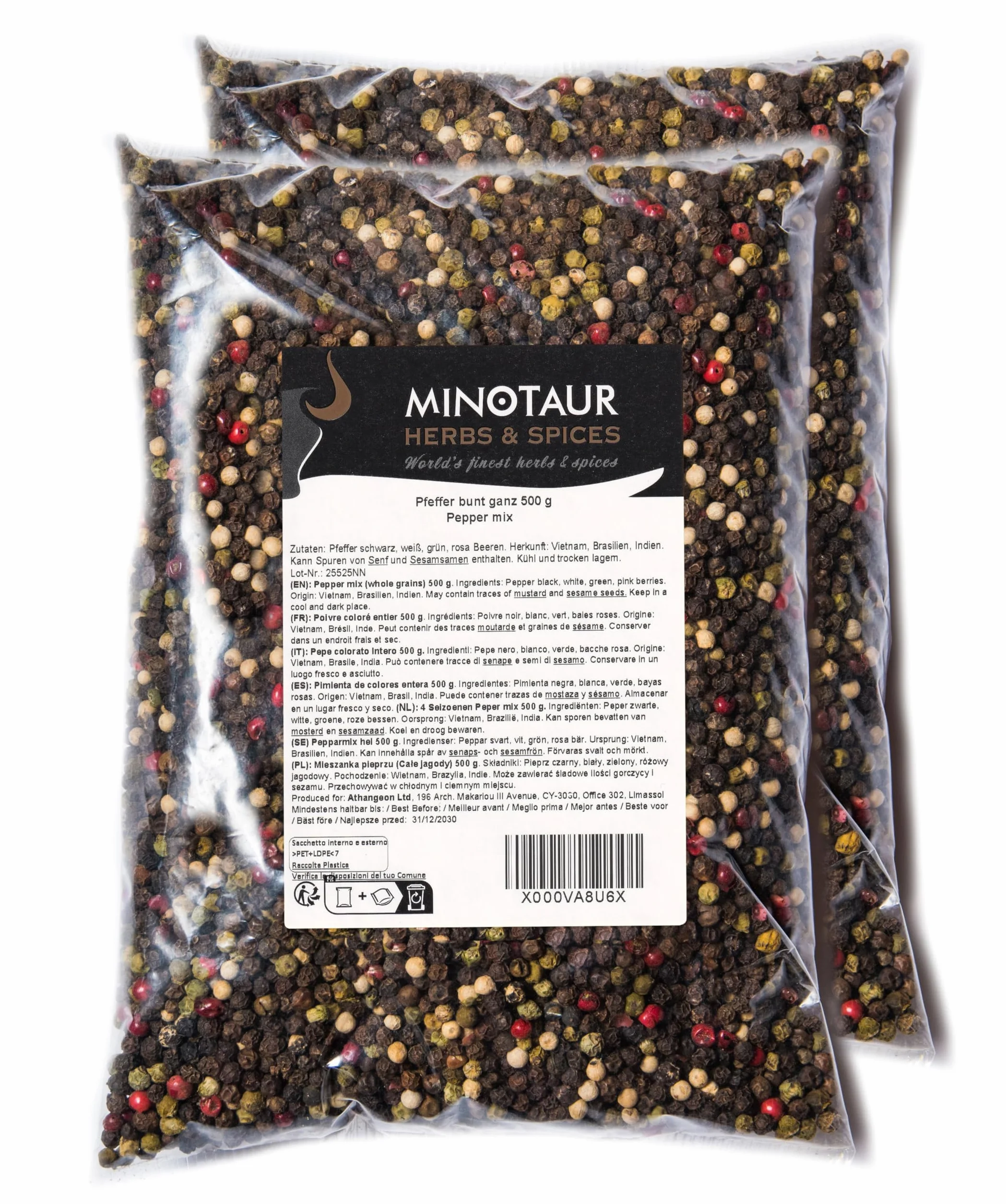 Minotaur Spices | Mieszanka Pieprzu | 2 x 500g (1 Kg) | Pieprz Kolorowy z Czarnego, Białego, Zielonego Pieprzu i Różowych Jagód