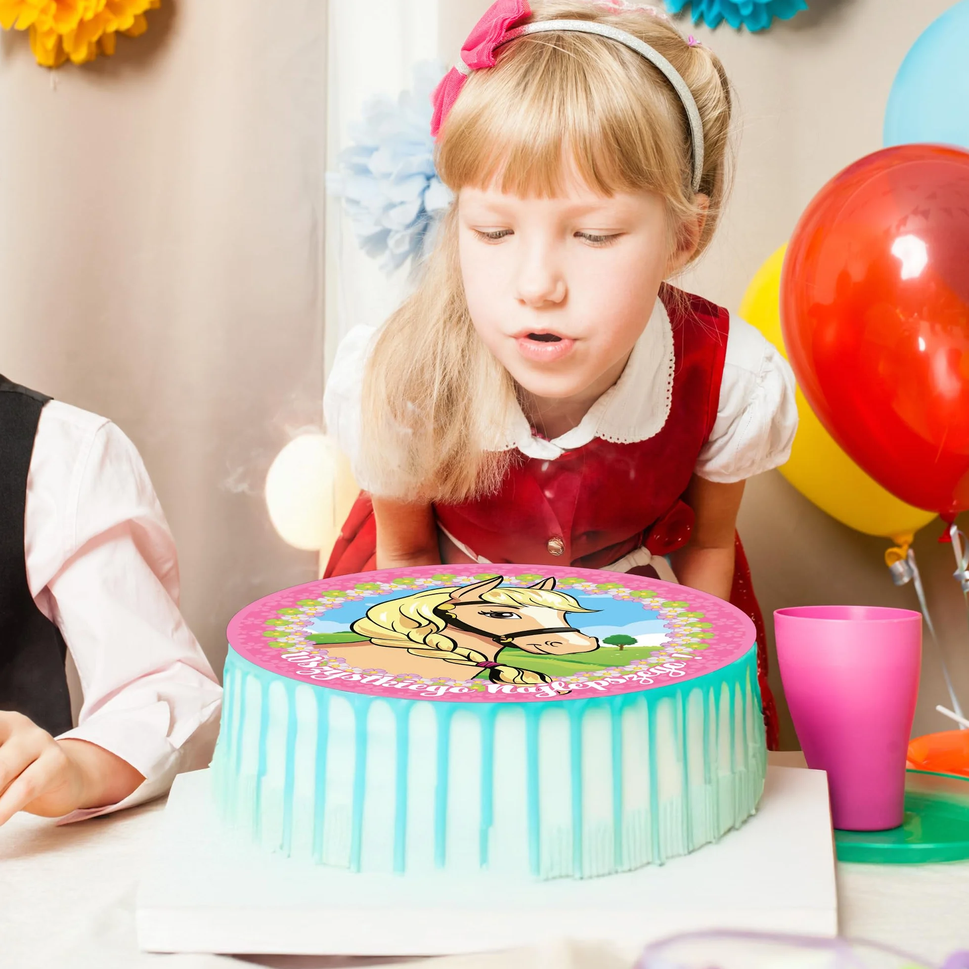 J&M DECO Opłatek na tort Koń Ø20 cm – jadalna dekoracja urodzinowa z motywem konika – topper tortowy dla dzieci – bezglutenowy i wegański