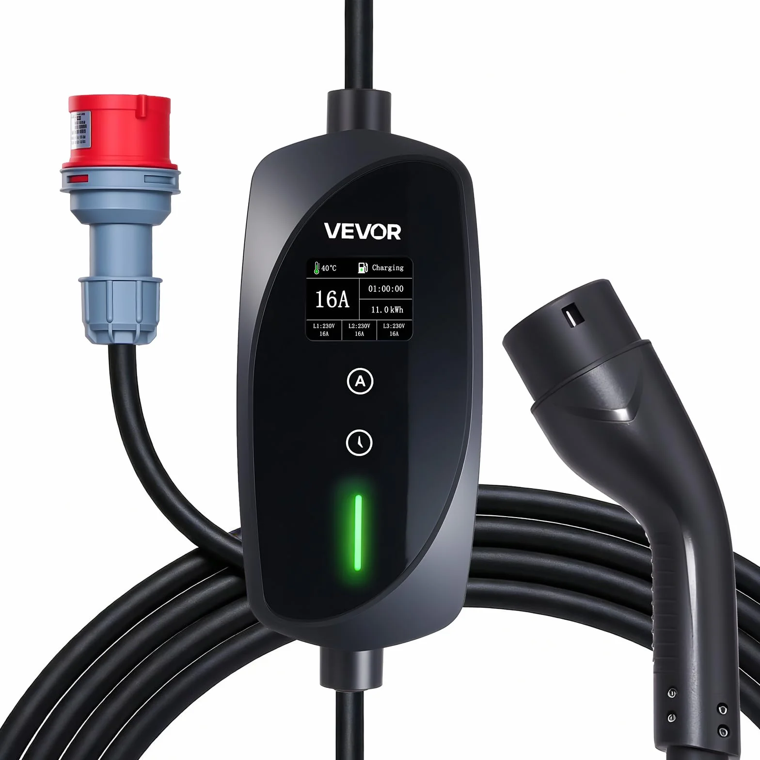 VEVOR Przenośna elektryczna ładowarka samochodowa typ 2, przenośna kolumna trójfazowa ładowarka do pojazdów elektrycznych 8 m wtyczka CEE16 ekran LCD, stacja ładująca do samochodów elektrycznych