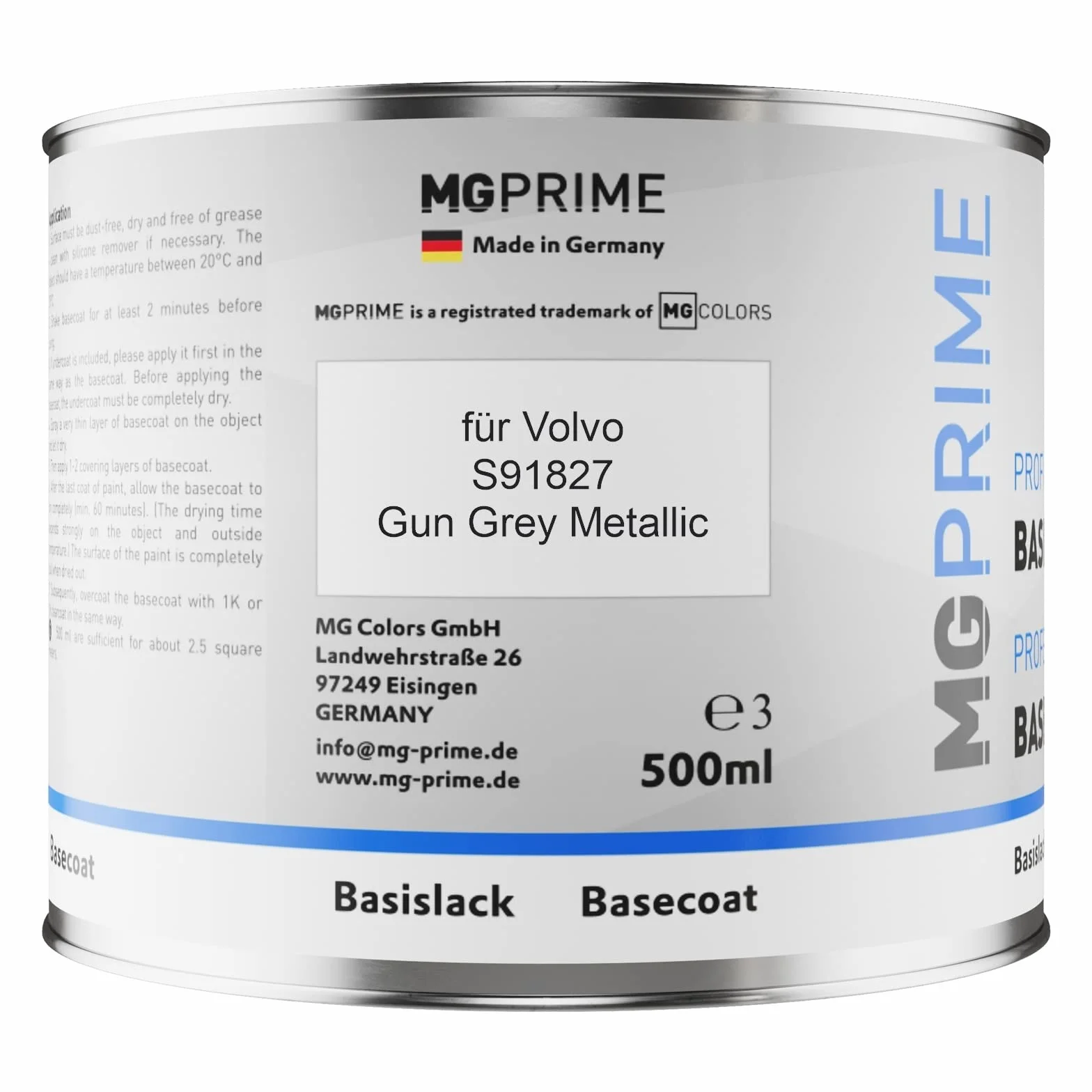 MG PRIME Lakier samochodowy Puszka gotowa do natrysku dla Volvo S91827 Gun Grey Metallic Lakier bazowy 0,5 litra 500ml
