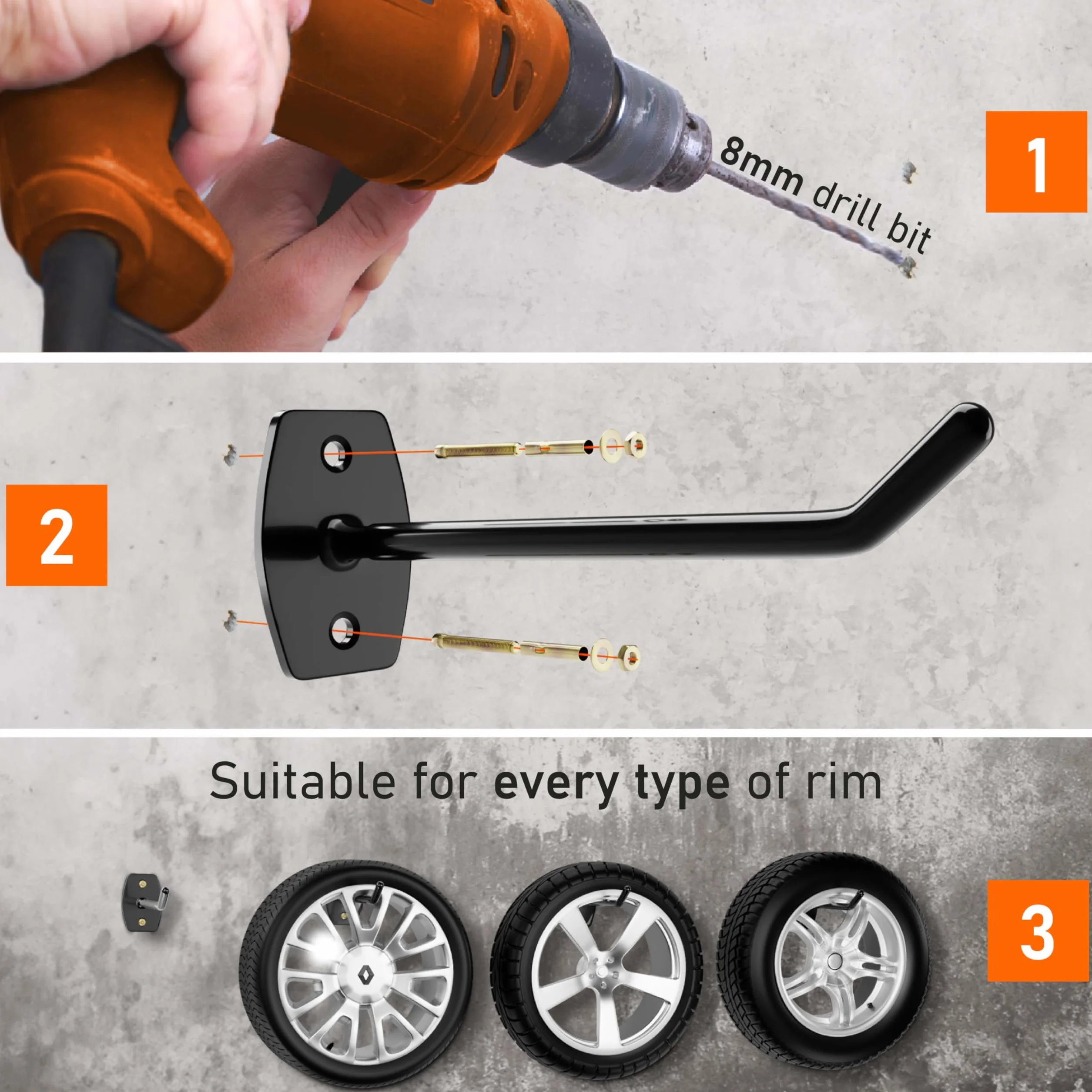Upgrade4cars Uchwyt ścienny na opony do garażu na 4 felgi | Haki ścienne do opon samochodowych do 22 cali | Zestaw haków do wieszania opon | Gumowany uchwyt ścienny na opony ze stali nierdzewnej